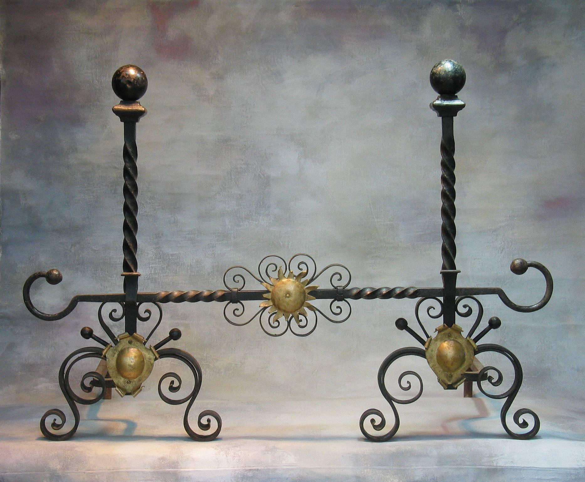 Pair of Large Cannonball Top Wrought Iron Andirons, 19th Century For Sale 1