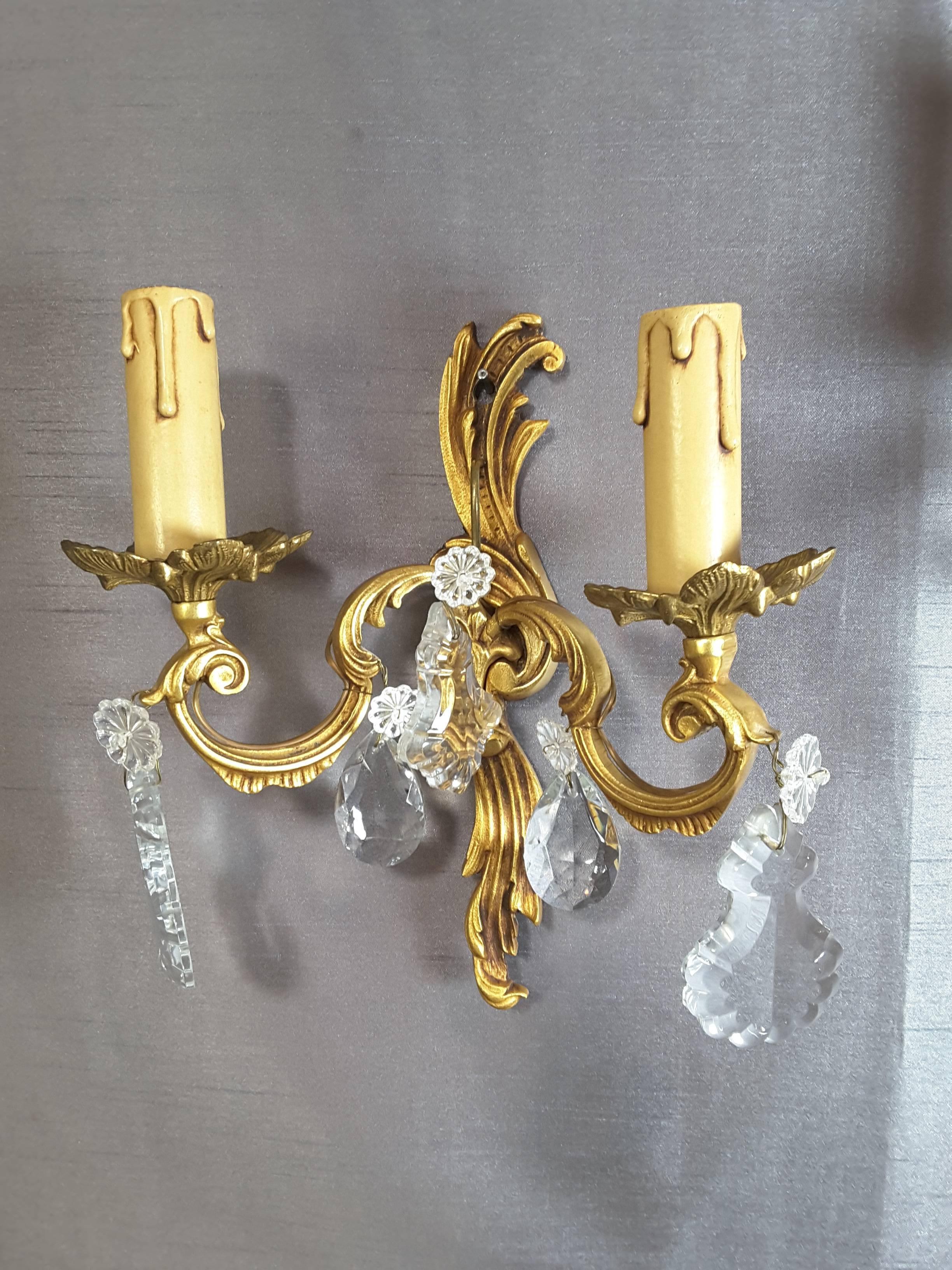 Regency Pair of Brass/Gilt Wall Sconces with Floral Crystals