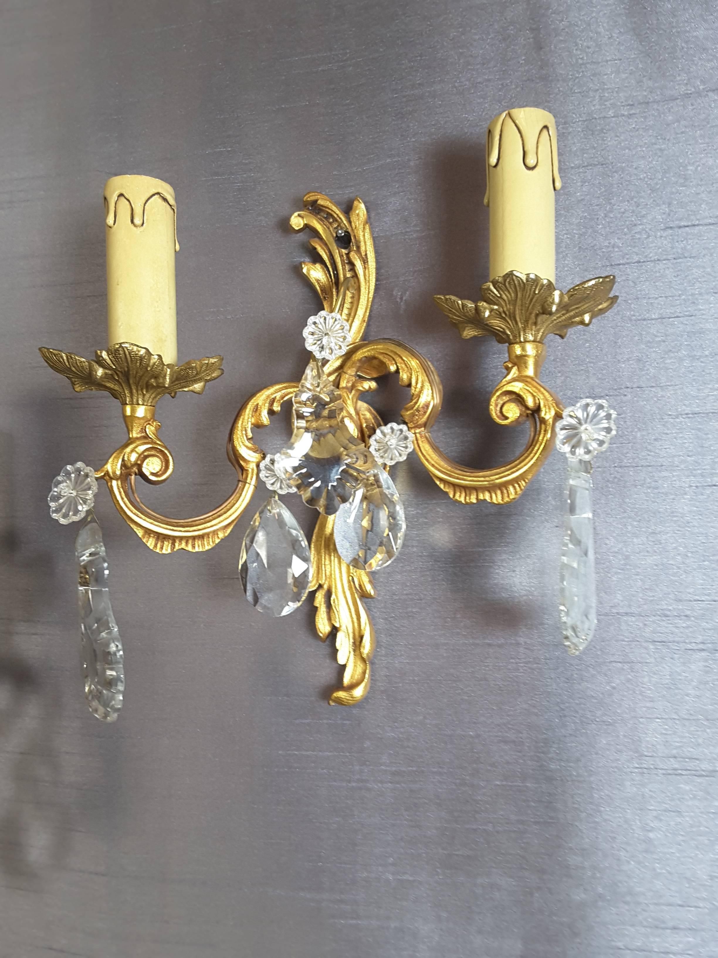 Unknown Pair of Brass/Gilt Wall Sconces with Floral Crystals