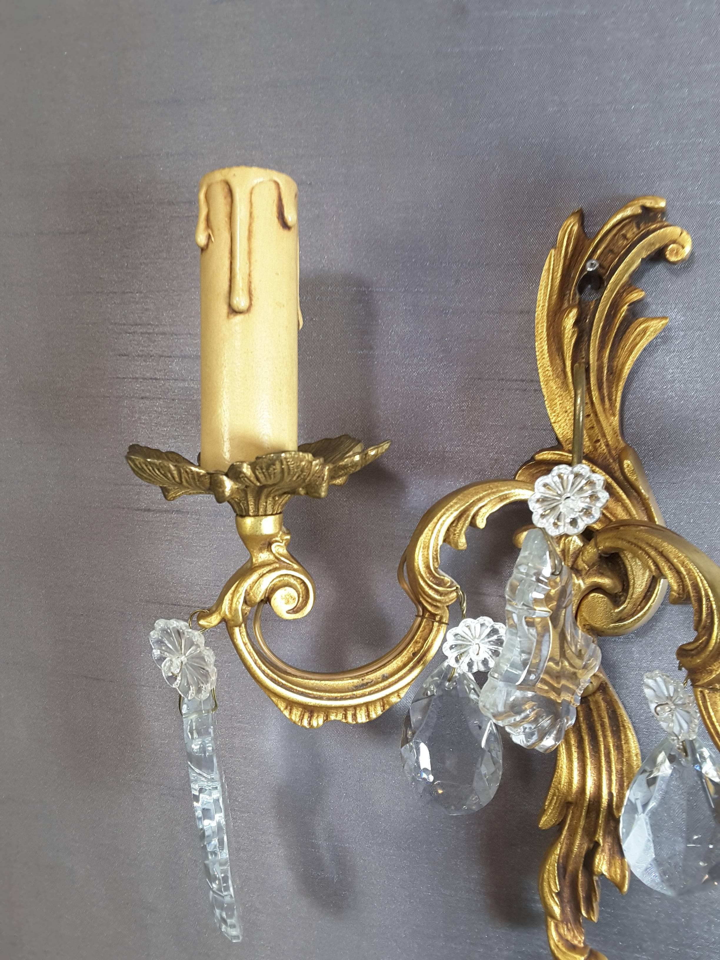 20th Century Pair of Brass/Gilt Wall Sconces with Floral Crystals