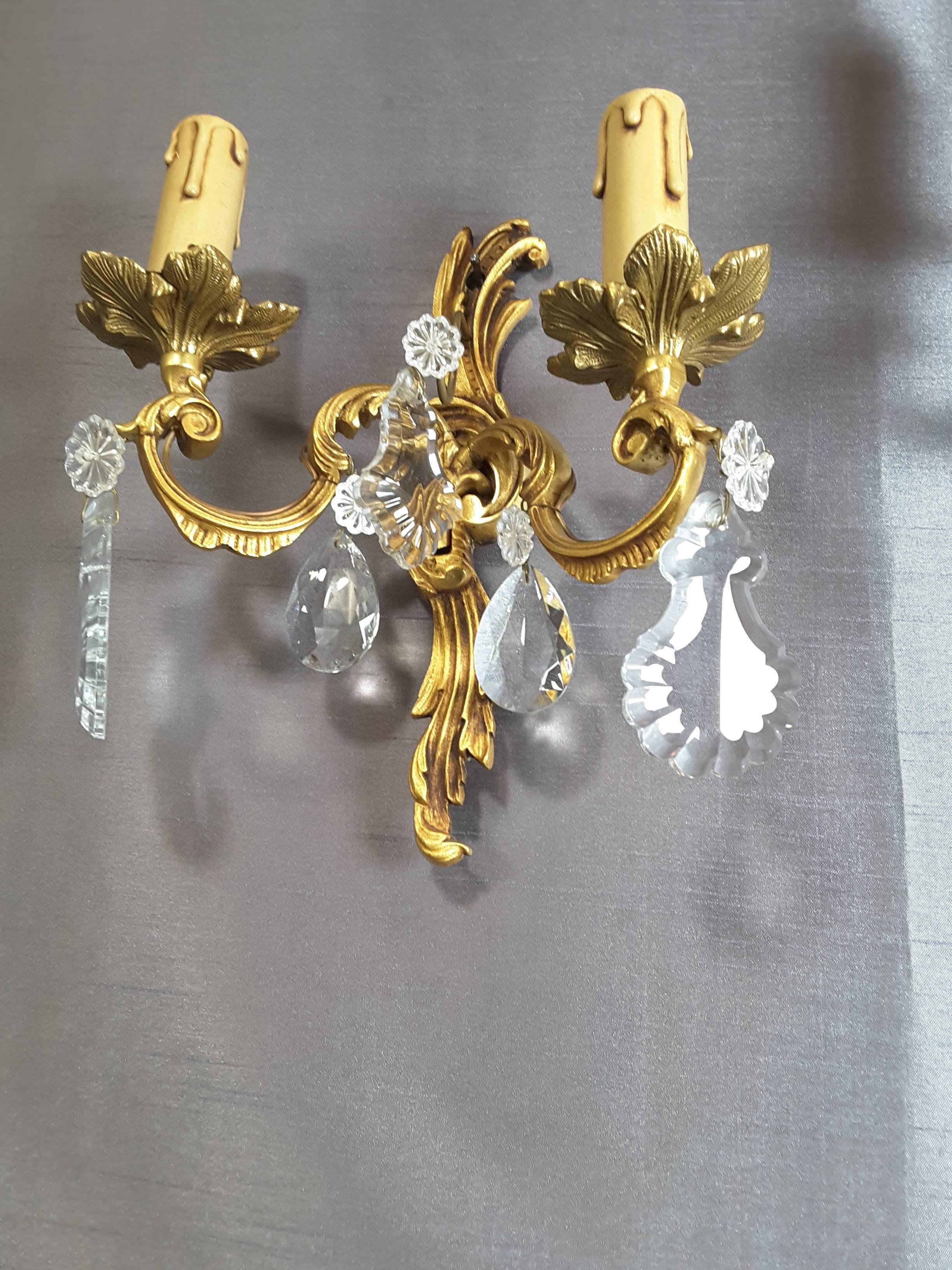 Pair of Brass/Gilt Wall Sconces with Floral Crystals 1