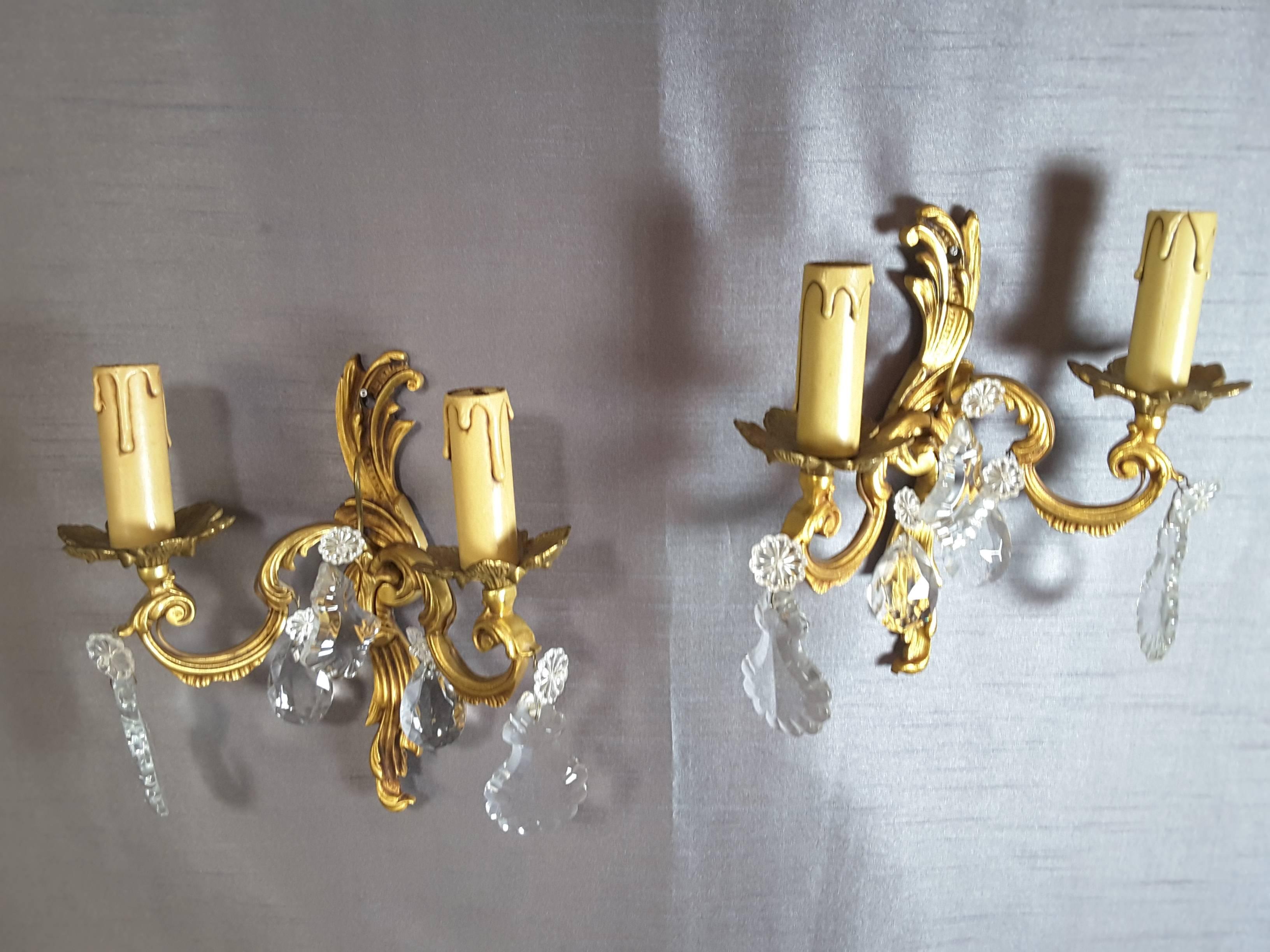 Pair of Brass/Gilt Wall Sconces with Floral Crystals 2