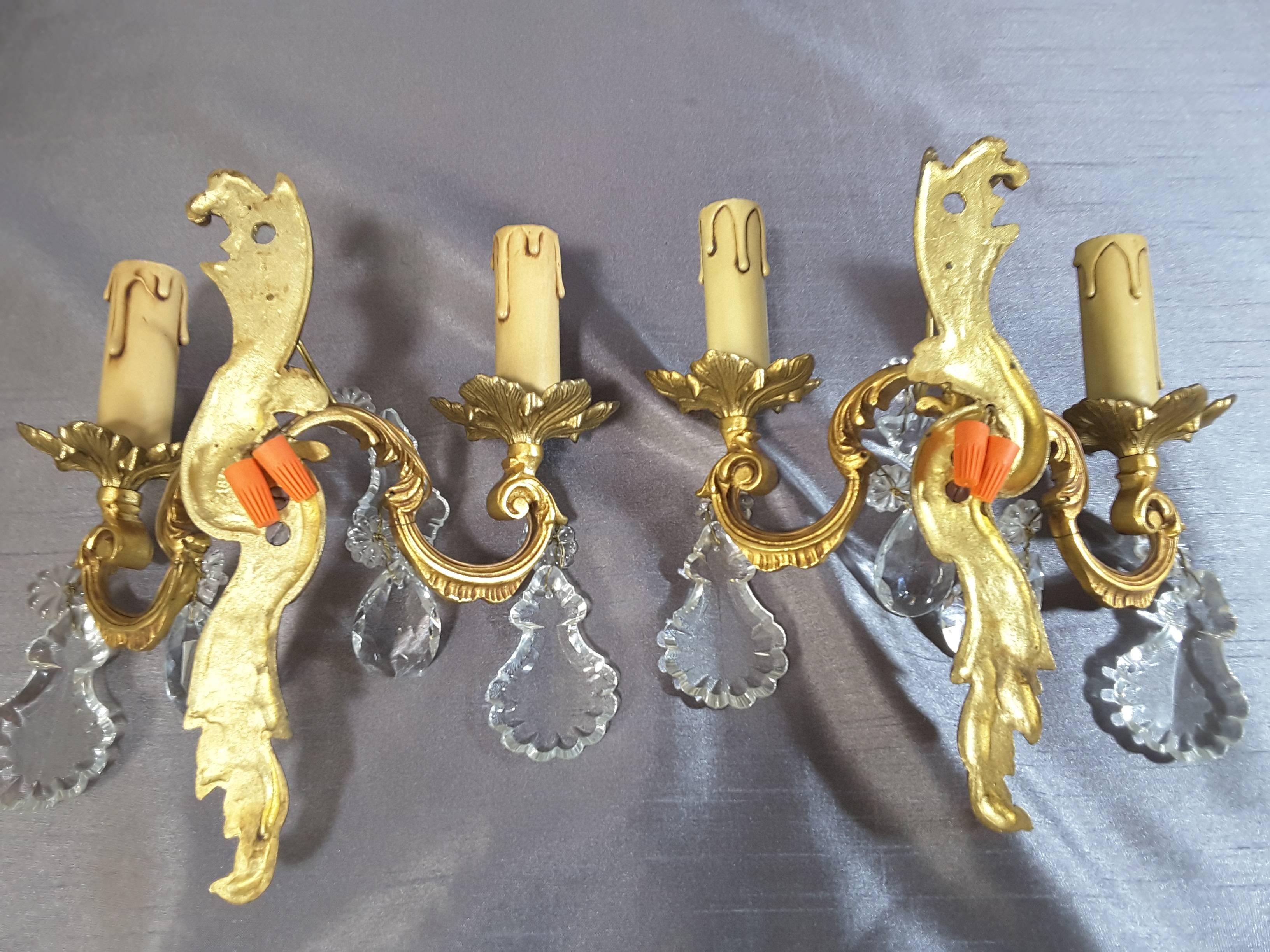 Pair of Brass/Gilt Wall Sconces with Floral Crystals 3