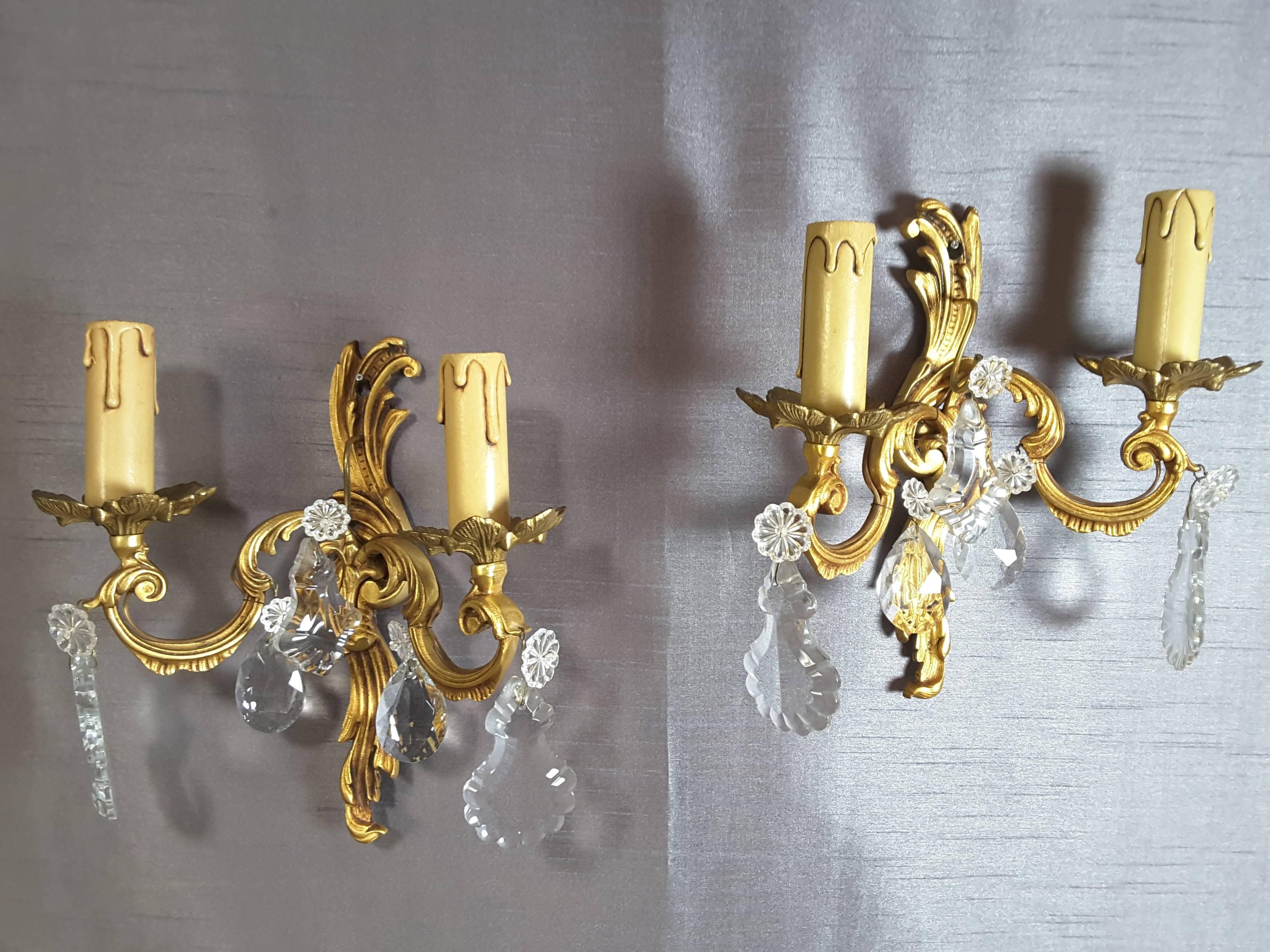 Pair of Brass/Gilt Wall Sconces with Floral Crystals 4