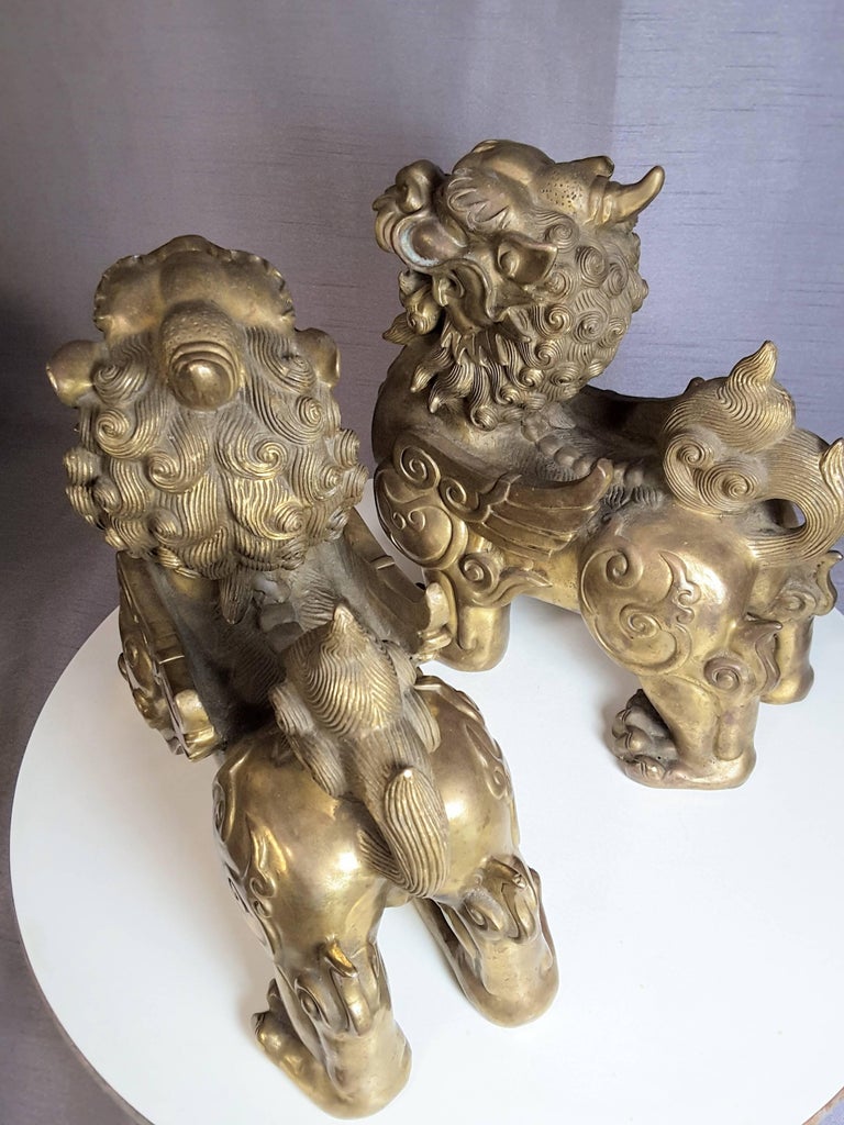Pair of Majestic Chinese Gilt Brass Foo Dogs/Temple Dogs, circa 1880