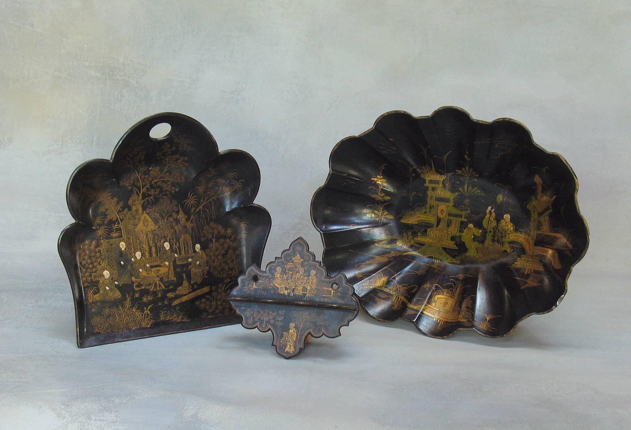 Group of French Paper Mache Black & Gilt Japanned Decorative Items, 19th Century For Sale 6