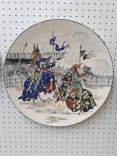 Pair of Large Longwy Medival Scene Painted, 1950s Chargers