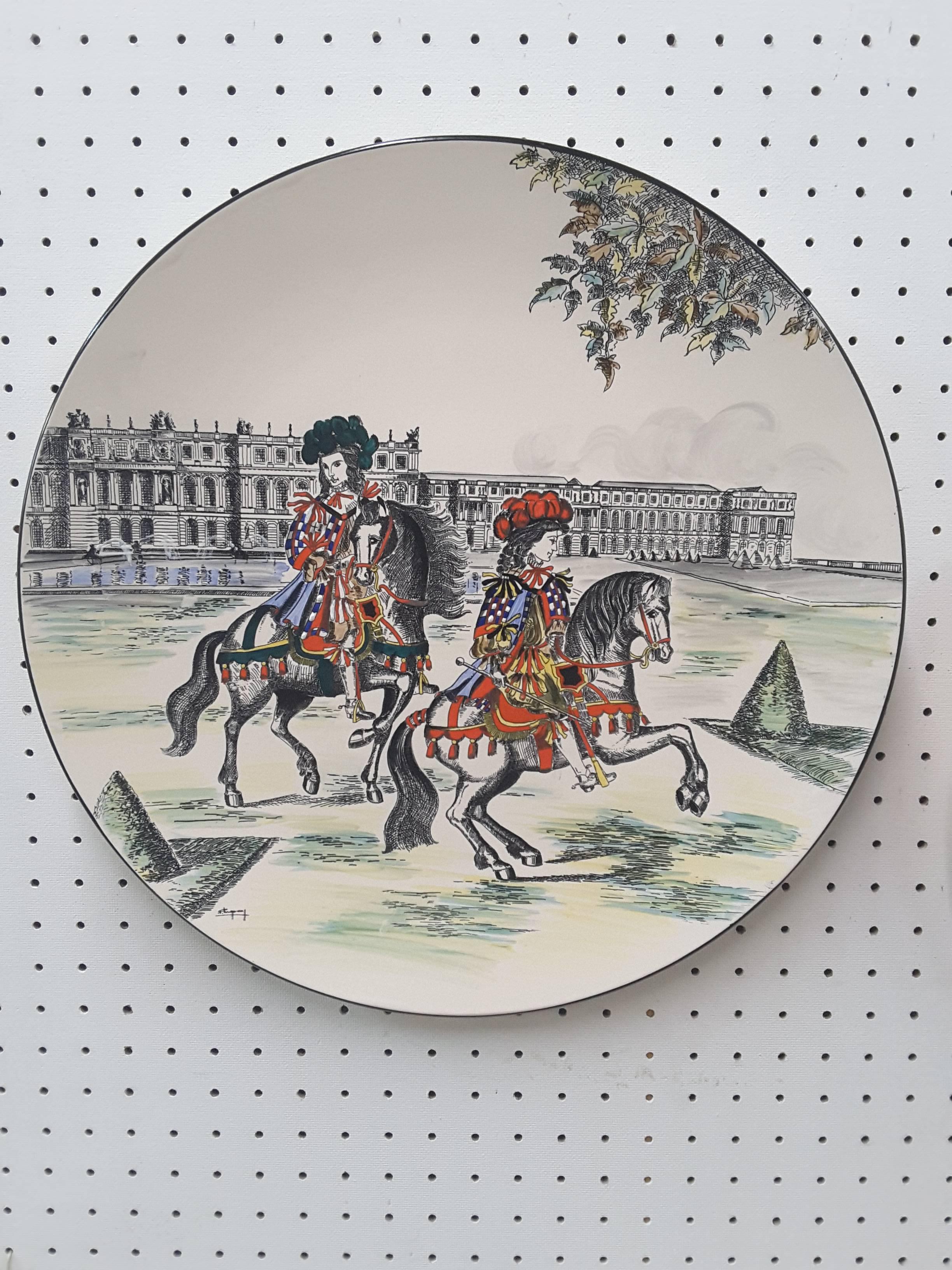Mid-Century Modern Pair of Large Longwy Medival Scene Painted, 1950s Chargers For Sale