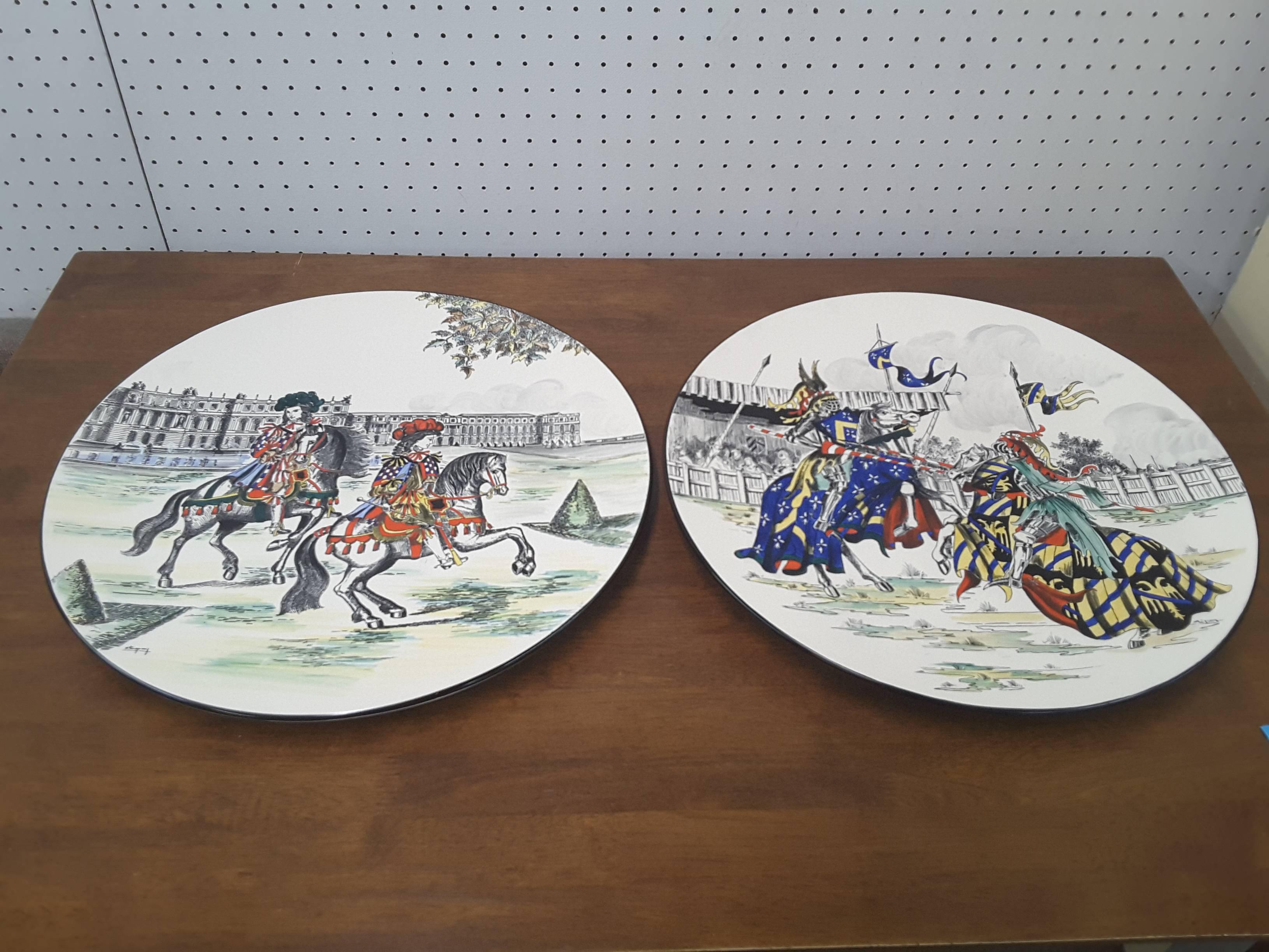 Pair of Large Longwy Medival Scene Painted, 1950s Chargers For Sale 2