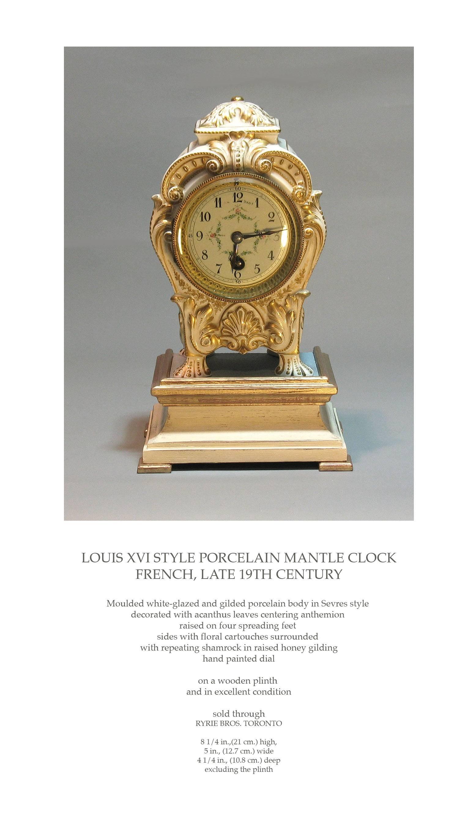 Louis XVI Style Porcelain Mantle Clock, French, Late 19th Century. Molded white glazed and gilded porcelain body in Severes style decorated with acanthus leaves centering anthemion raised on four spreading feet. The sides are with floral cartouches