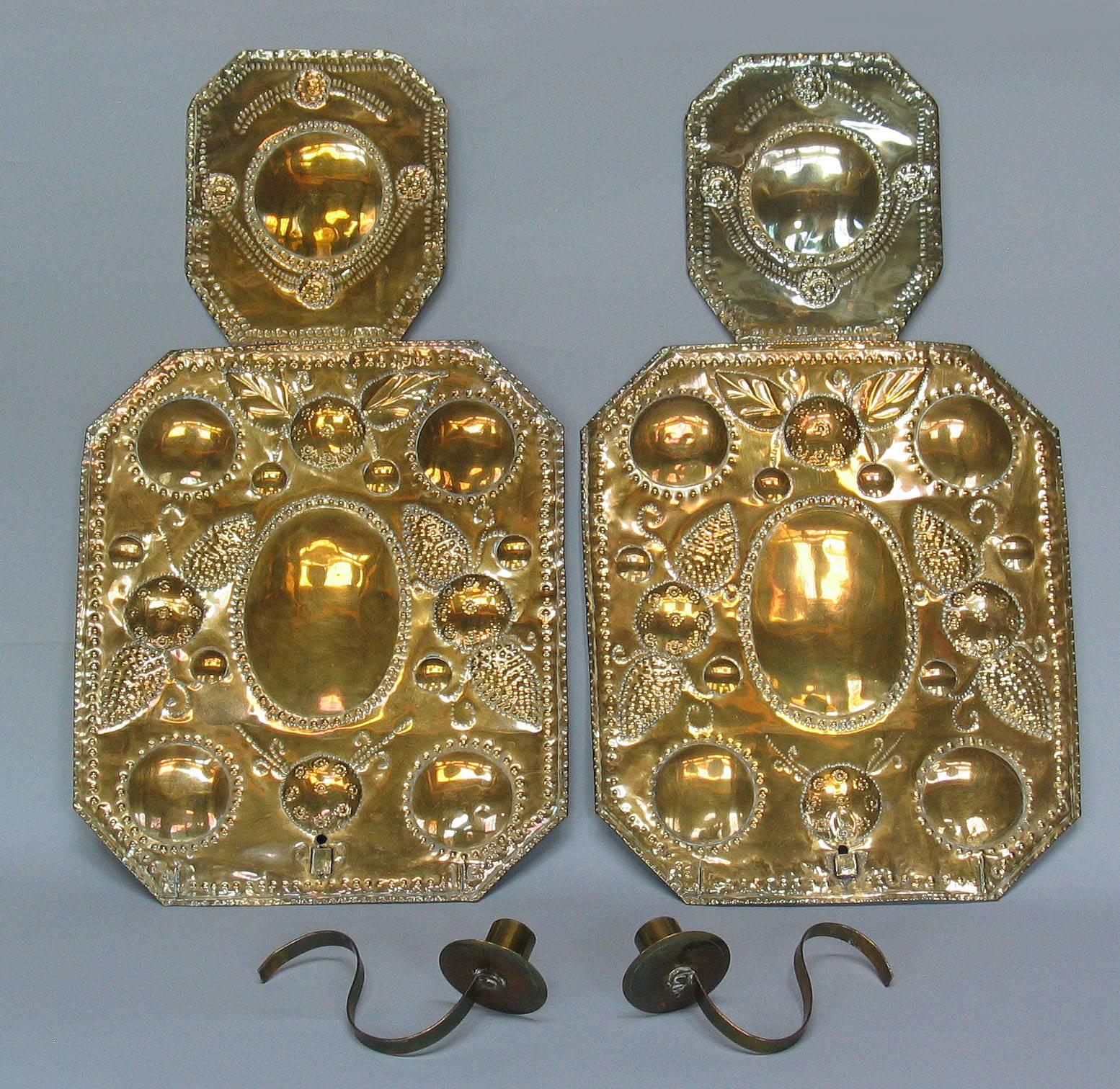 Pair of Swedish Arts & Crafts Brass Repoussé One Light Wall Candle Sconces 1