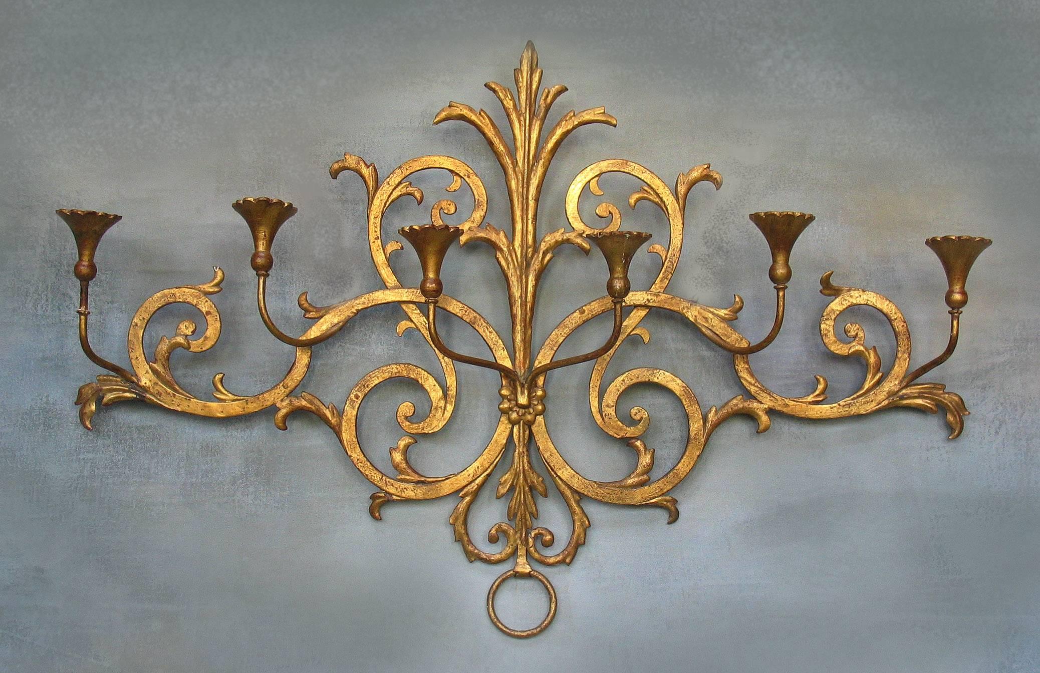 Baroque Large Italian Gilt Wrought Iron Six-Light Wall Candle Sconce