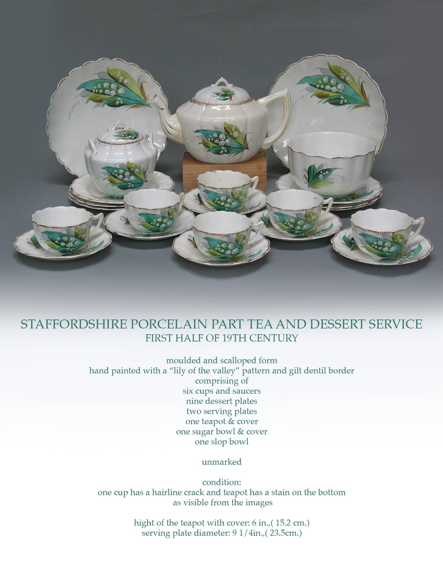 Staffordshire Porcelain part tea and dessert service, first half of the 19th century, Molded and scalloped form, hand-painted with 