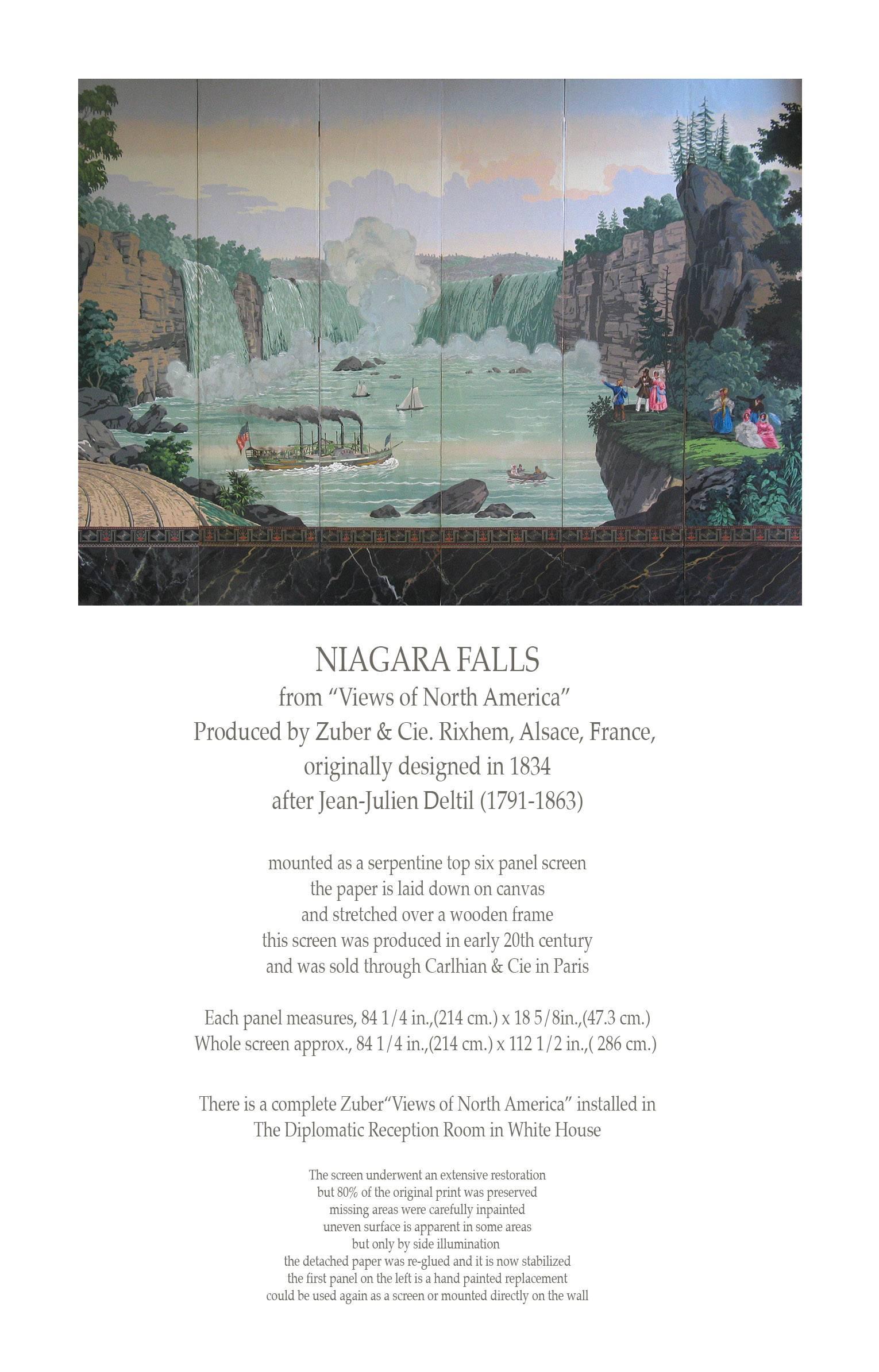 Niagara Falls from "Views of North America" Produced by Zuber & Cie. Rixhem, Alsace, France, originally designed in 1834, After Jean-Julien Deltil (1791-1863).
Mounted as a Serpintine top six panel screen, the paper is laid down on