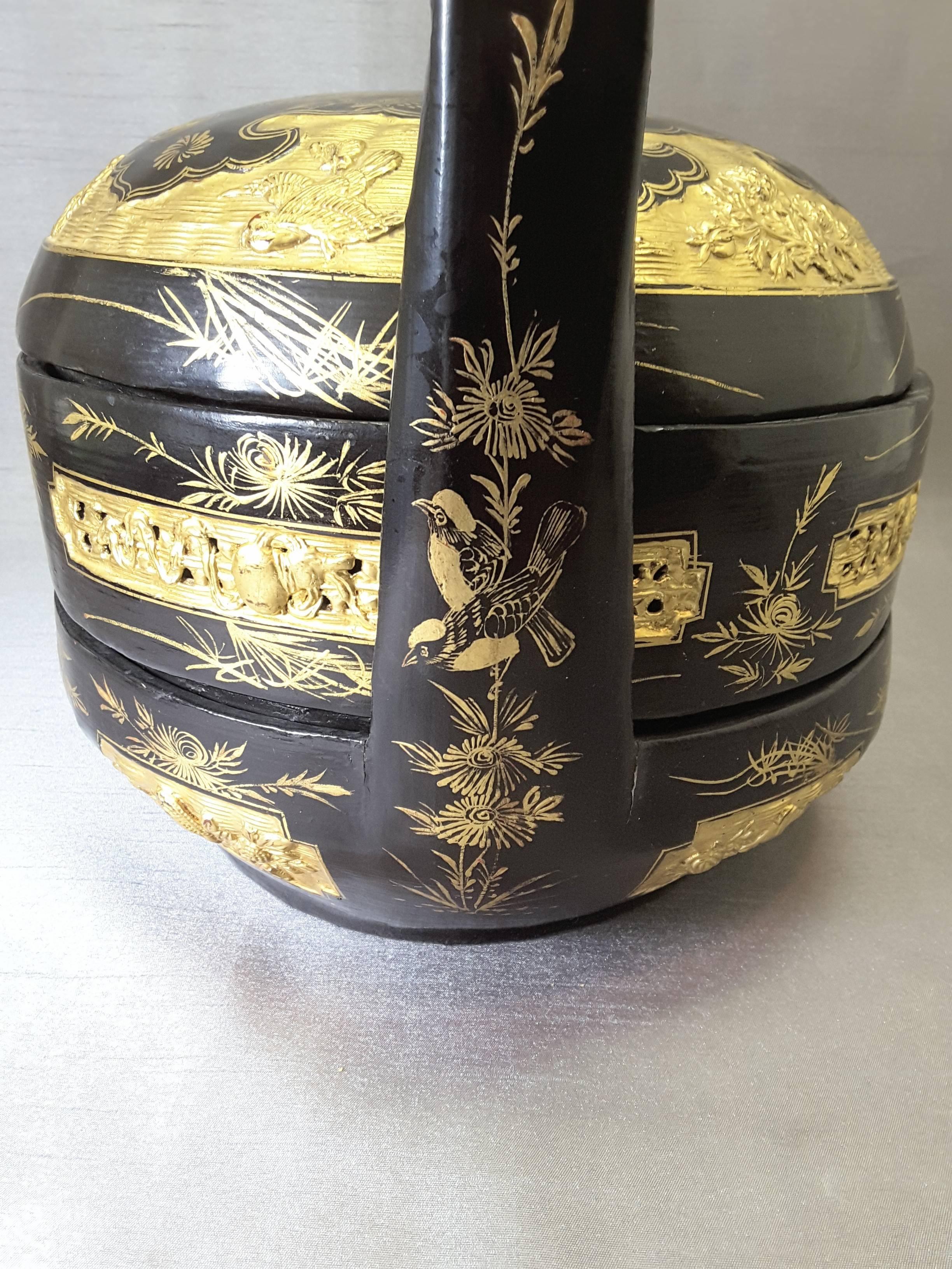 Chinese Black Lacquered and Gilt Food Carrier/Storage Box For Sale 2