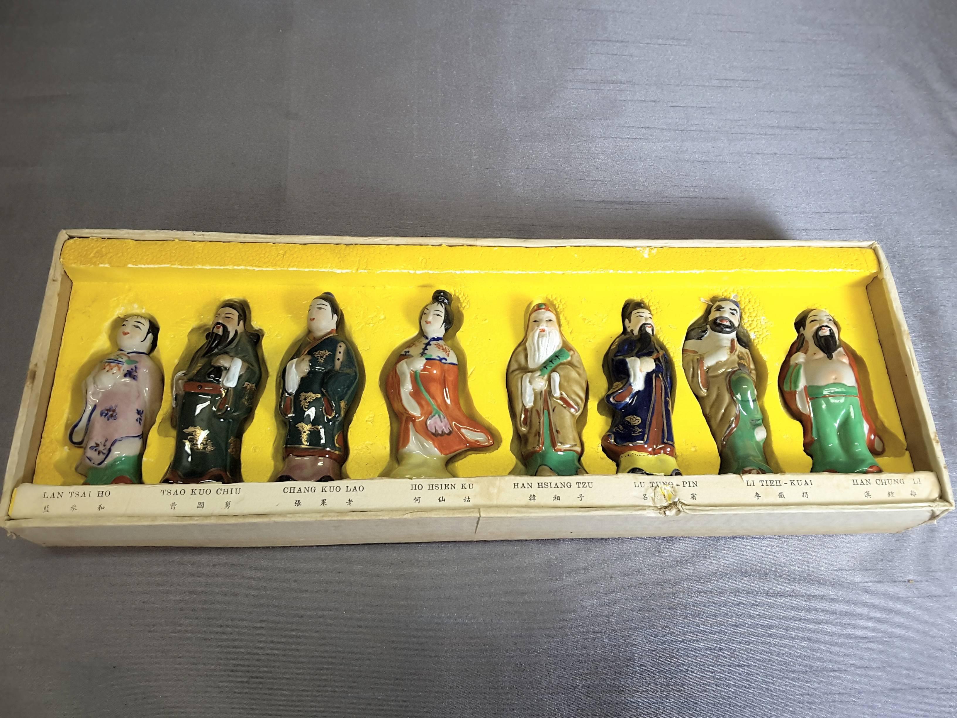 Eight Fairies/Scholars for Queen of Heaven Birthday Party, There are different figures in the original 1940's box, Made in the Republic of China, Yu-Fung. They are handpainted and each figurine is a different color. The inside top cover has the