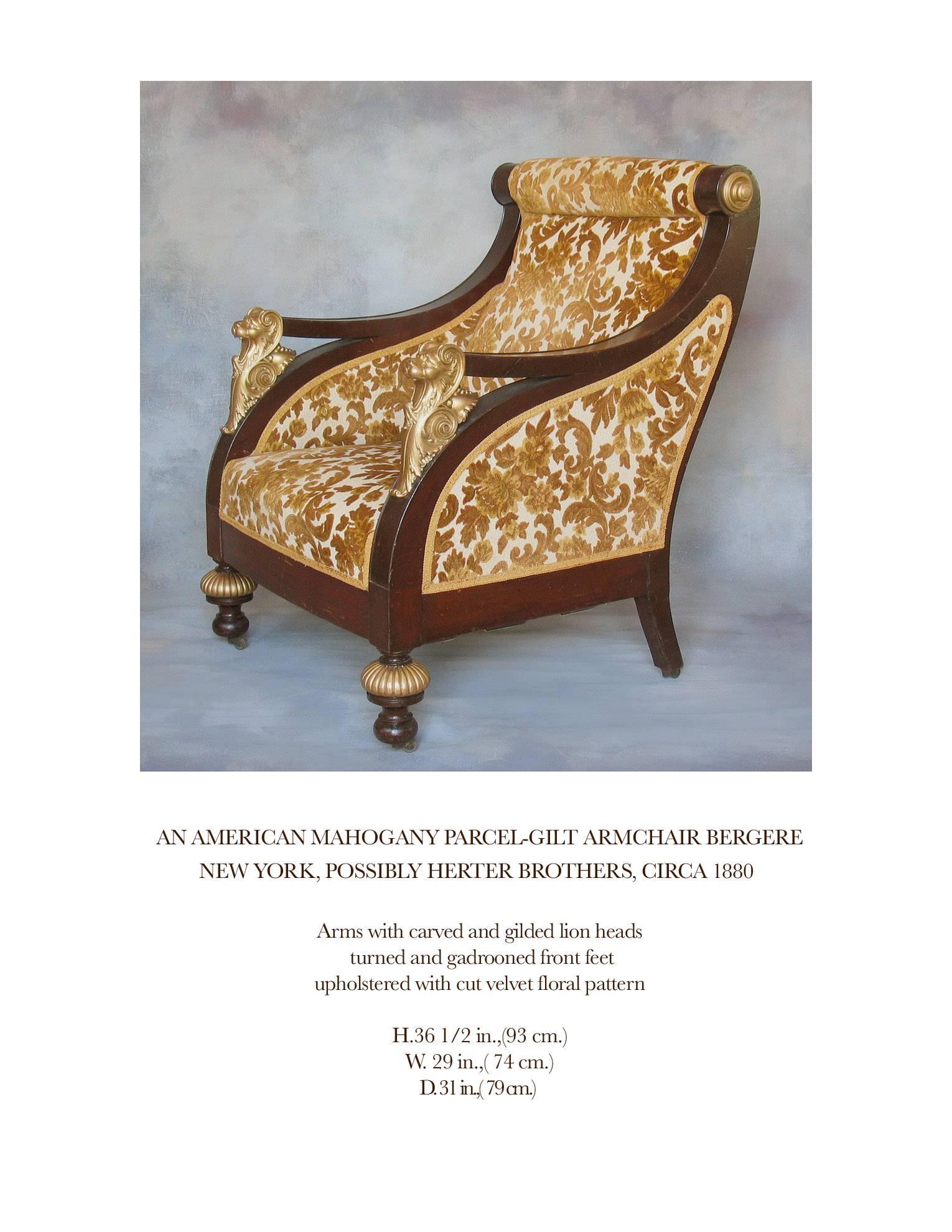 American Mahogany Parcel-Gilt Bergère Armchair, New York,  circa 1880 For Sale 1