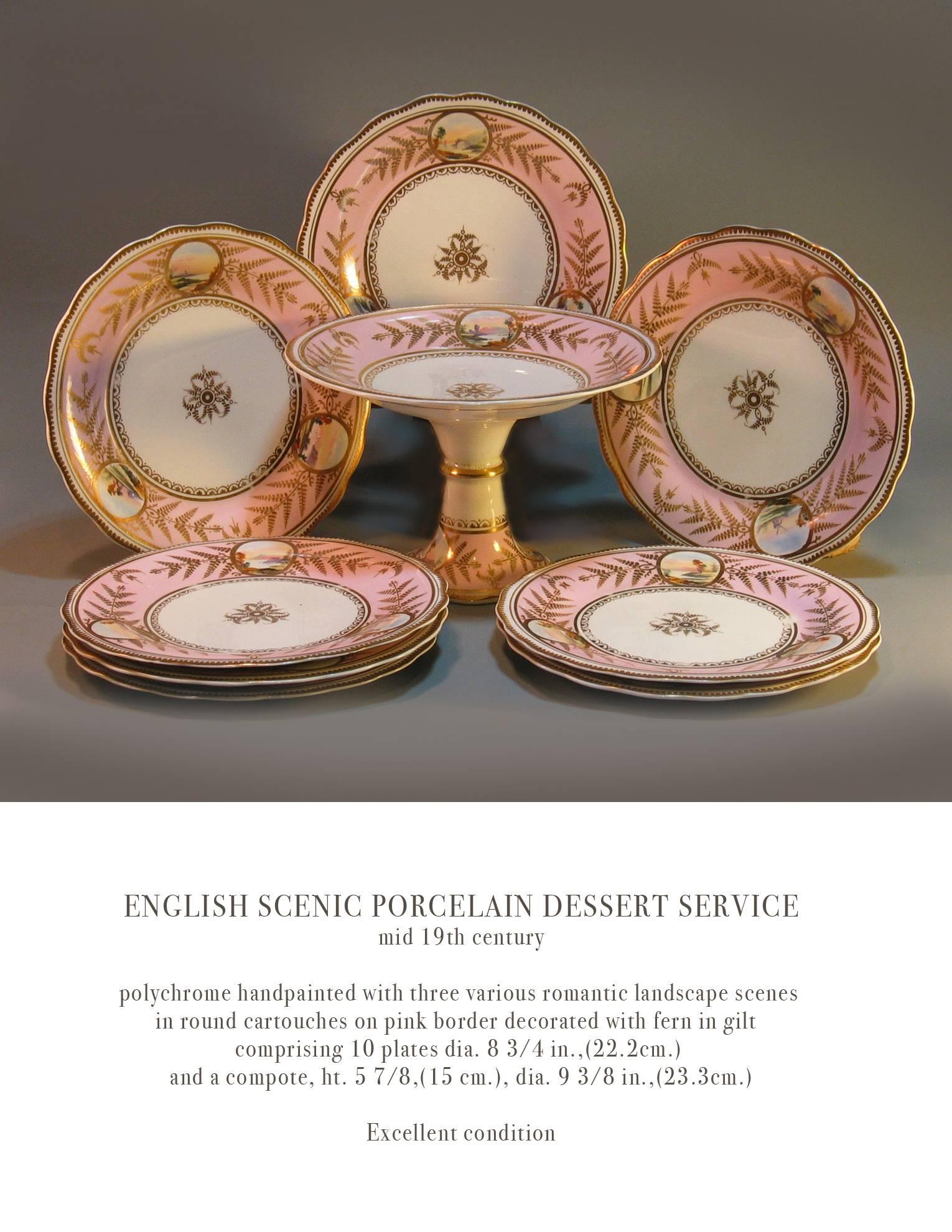 English Scenic porcelain Dessert service, mid-19th century, polychrome hand-painted with three various romantic landscape scenes in a round cartouches on a pink border, decorated with fern gilt decoration. Comprising of ten plates and a compote. The