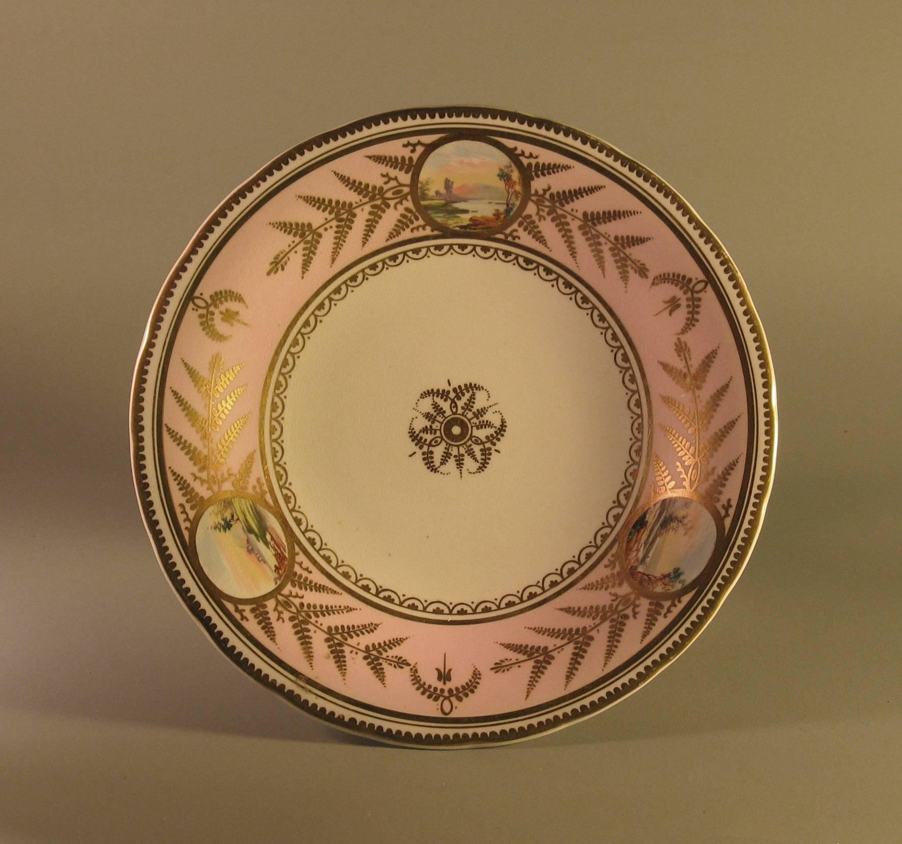 Cold-Painted English Scenic Porcelain Dessert Service, Mid-19th Century For Sale