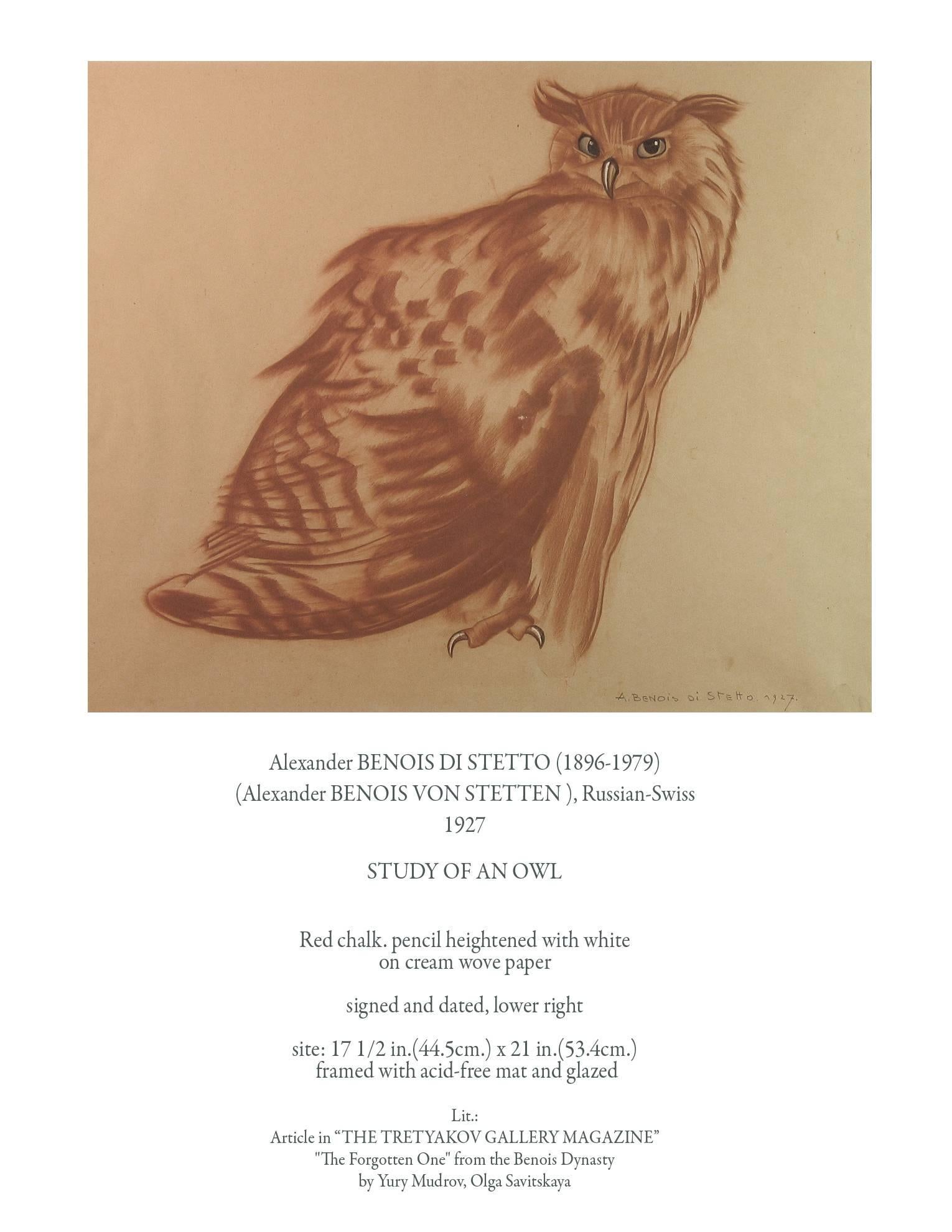 Alexander Benois Di Stetto (1896-1979), (Alexander Benois Von Stetten) Russian-Swiss, 1927. 
Study Of an Owl, Red chalk, Pencil heightened with white on cream wove paper, Signed and dated on lower right.  Size 17 1/2"-inches x 21"-inches x