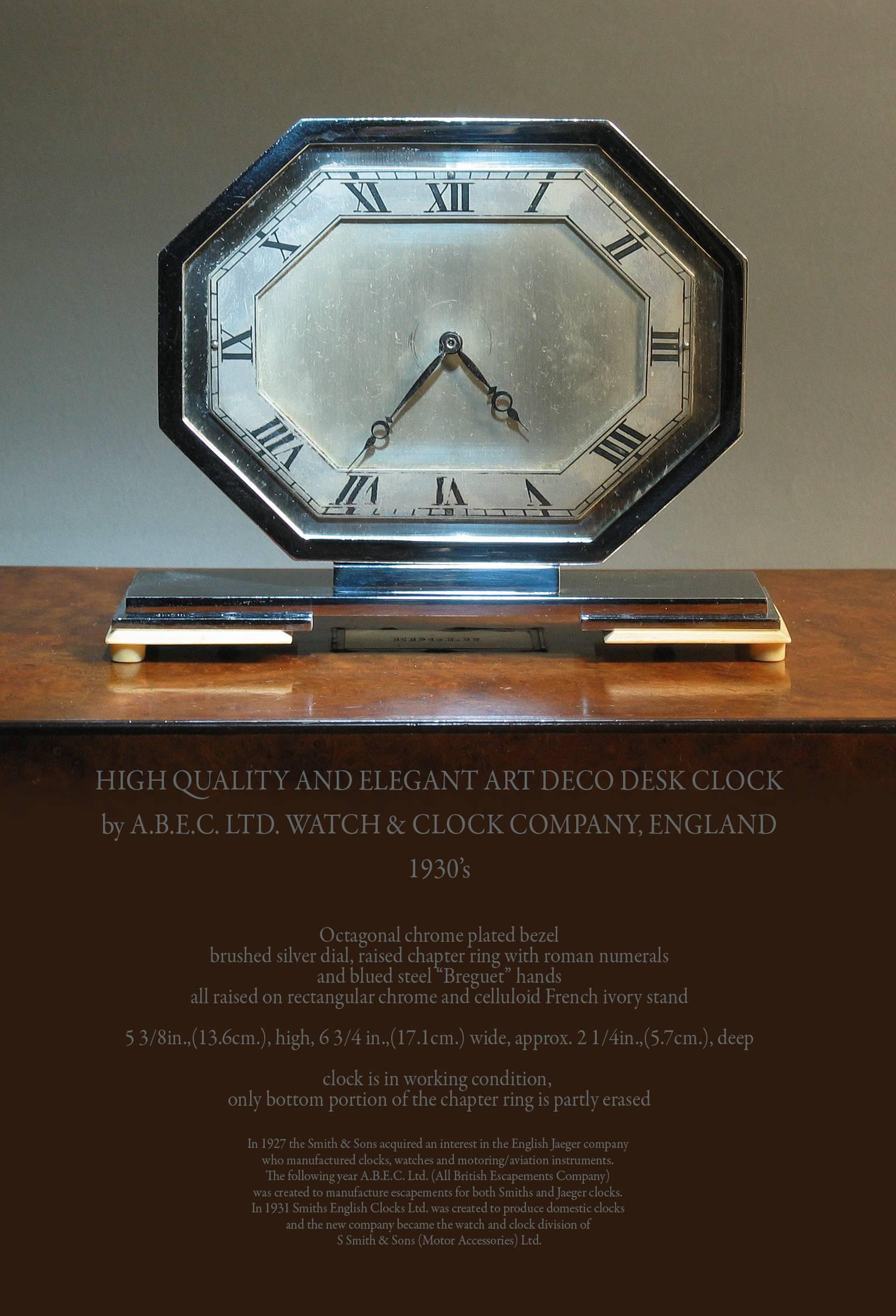 High quality and elegant Art Deco desk clock by A.B.E.C. Ltd. Watch and clock company, England, 1930s. Octagonal chrome-plated bezel, brushed silver dial, raised ring with Roman numerials and blued steel 