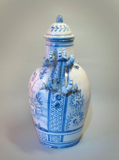 Large Italian Blue and White Majolica Covered Urn/Apothecary Jar Savona