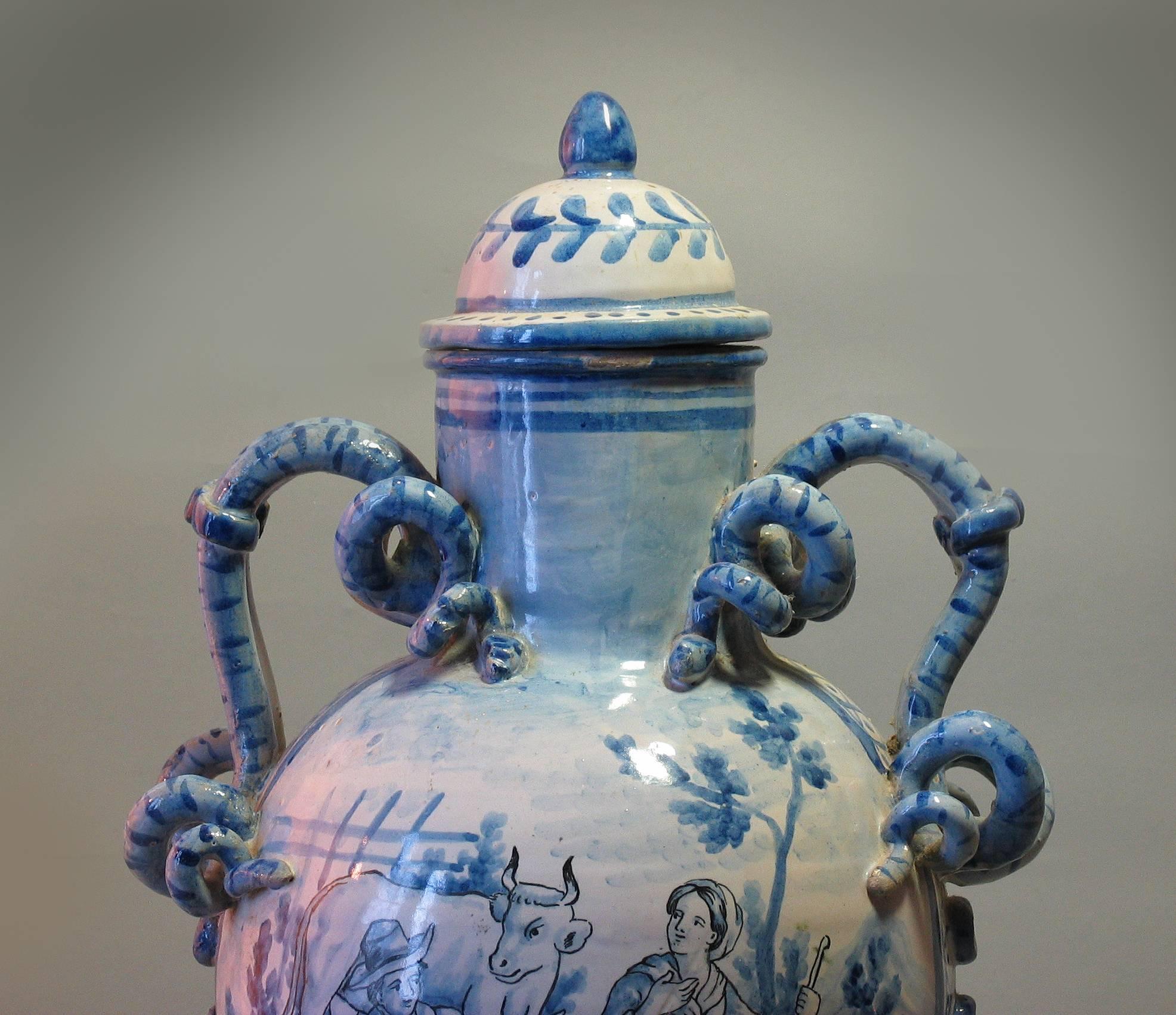 Renaissance Revival Large Italian Blue and White Majolica Covered Urn/Apothecary Jar Savona