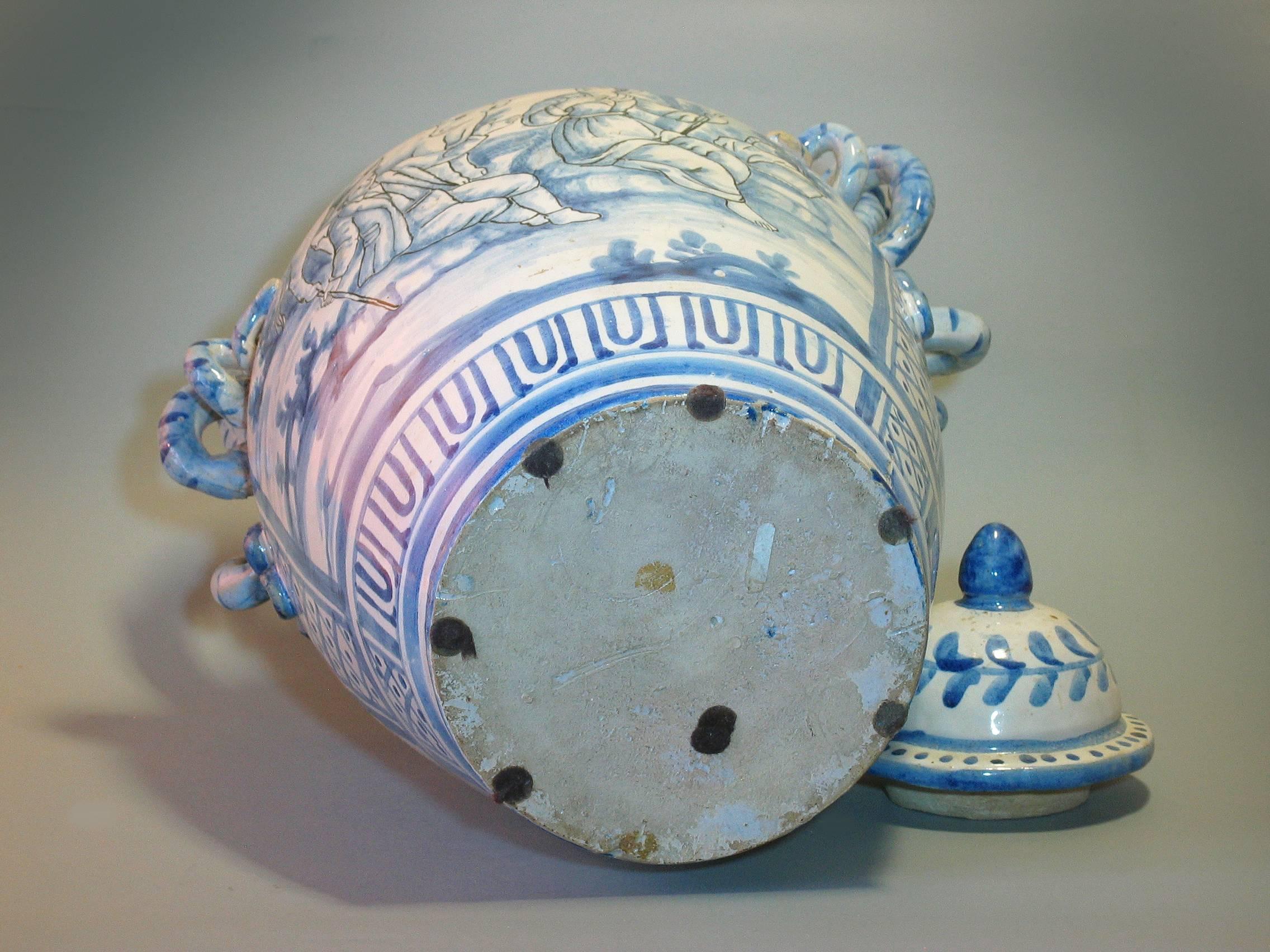 Hand-Crafted Large Italian Blue and White Majolica Covered Urn/Apothecary Jar Savona