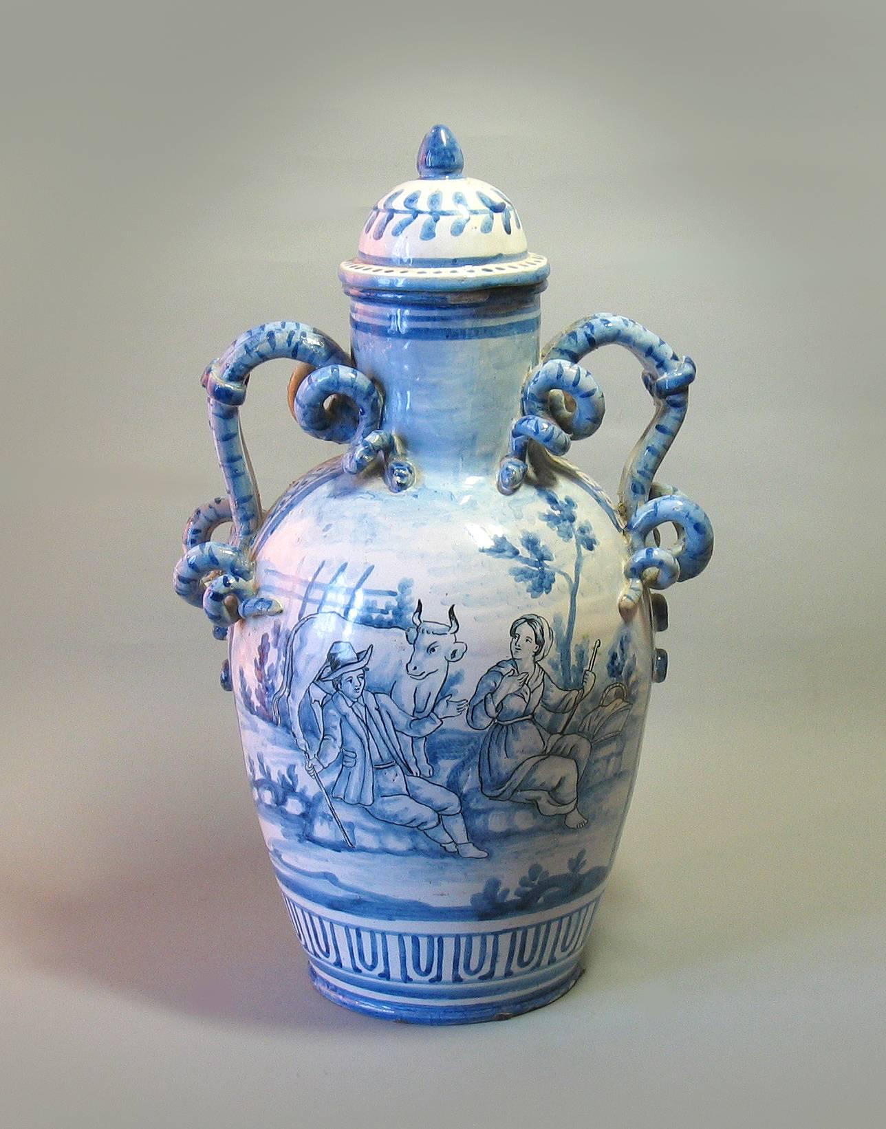 Large Italian Blue and White Majolica Covered Urn/Apothecary Jar Savona 1