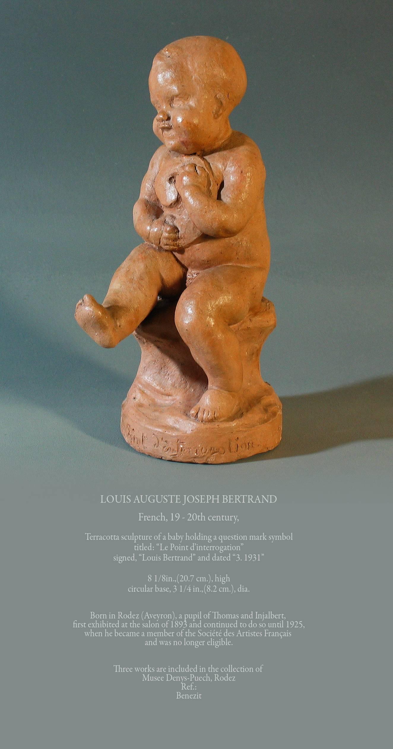 Louis Auguste Joseph Bertrand, scultura in terracotta francese raffigurante un bambino che tiene in mano il simbolo di un punto interrogativo, intitolata 