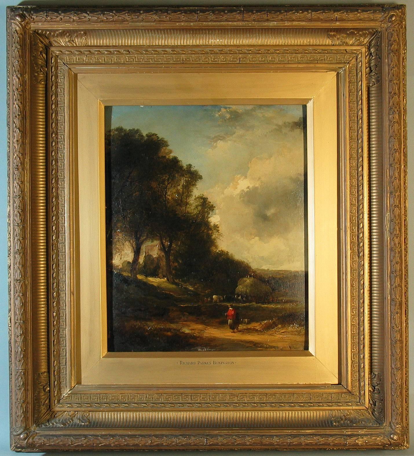 Attributed to Richard Parkes Bonington (1802-1828), A landscape depicting a castle, a hay wagon, animals and figures in the foreground, oil on millboard, The painting is unsigned, but his name is on the front liner/inner frame mount. The painting