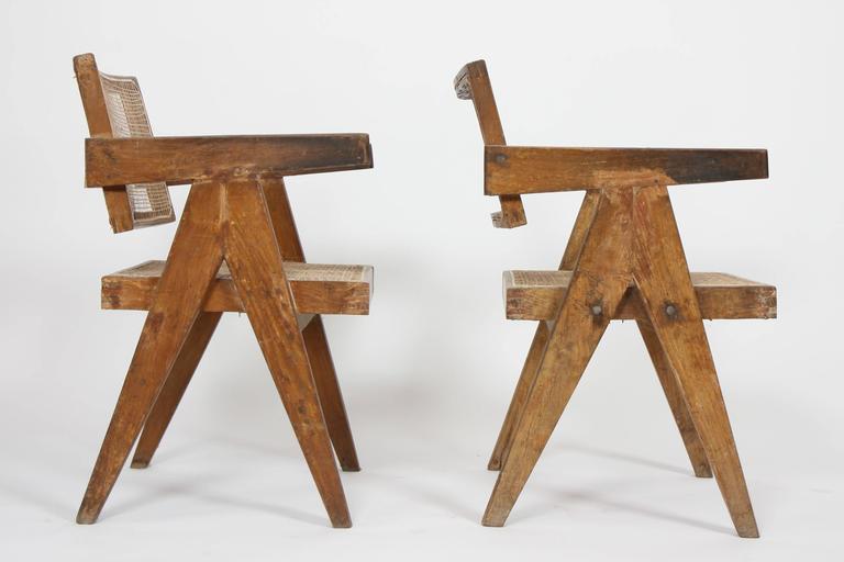 Teak Pierre Jeanneret Set of Two Office Cane Elegant Chairs