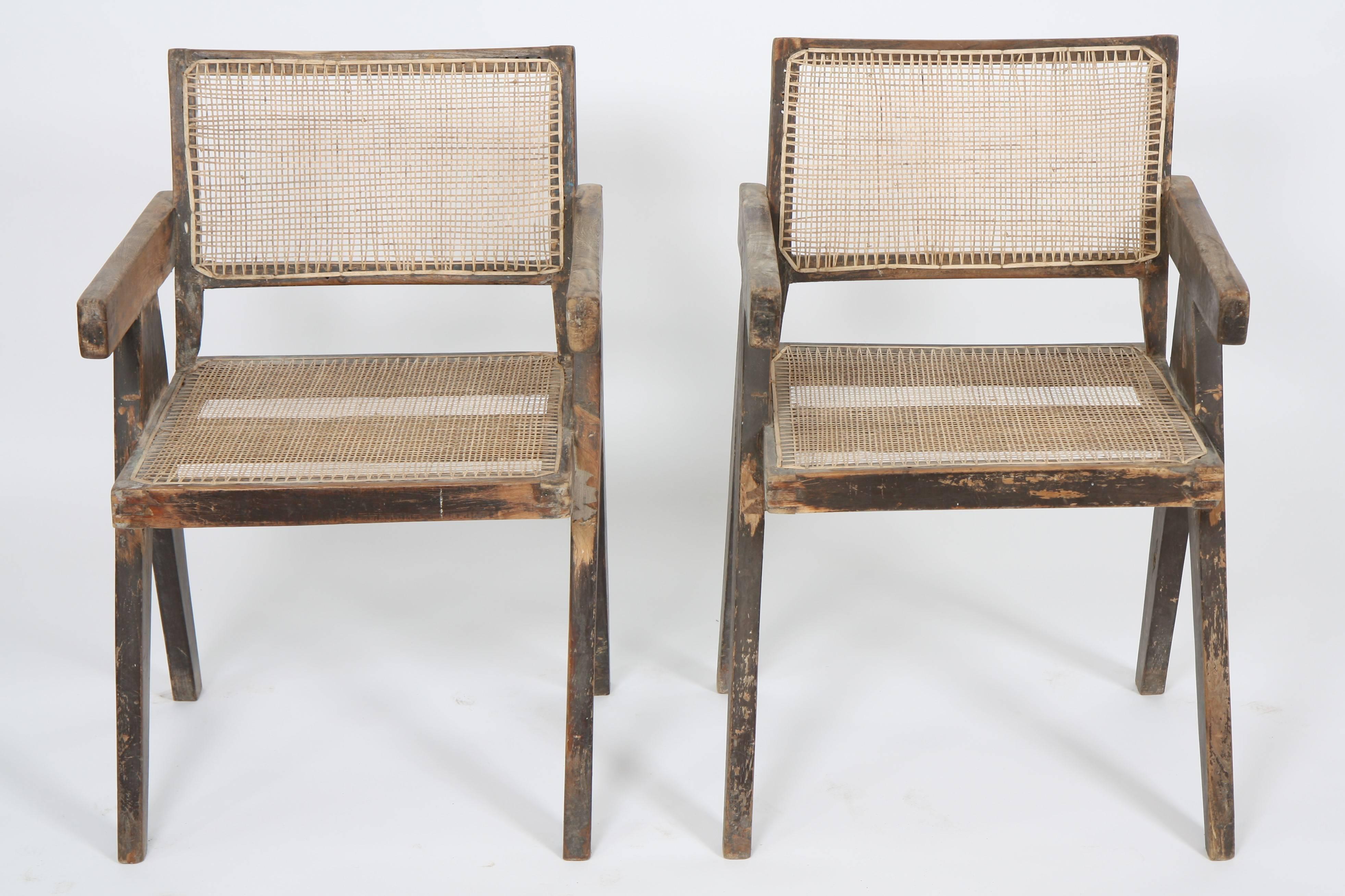 Indian Pierre Jeanneret, Set of Two Armchairs Called Office Cane Chairs