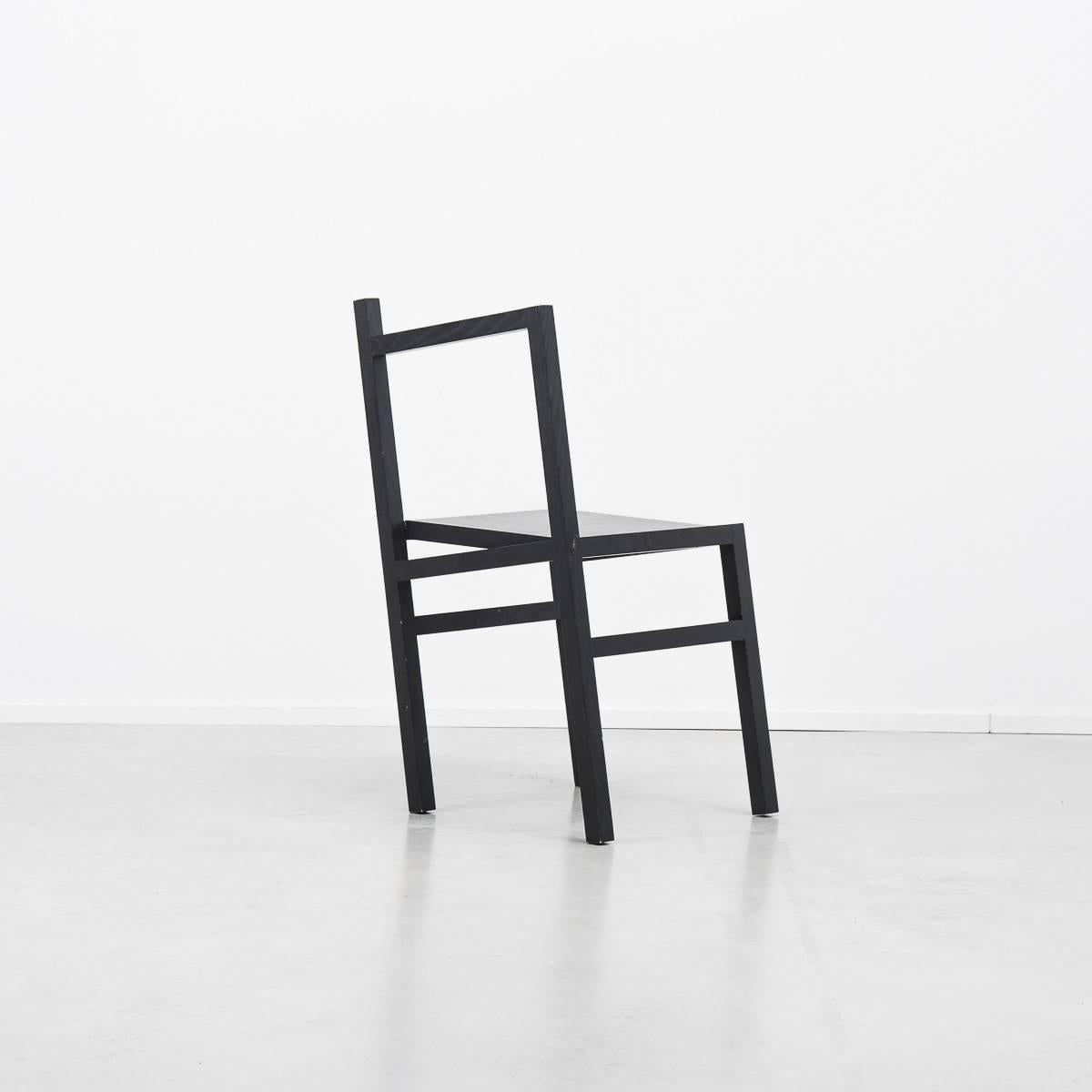 This sculptural chair by Danish designer Rasmus B Fex for Frama was designed to explore notions of right and wrong in design. Using the characteristics of an archetypal chair framework, Fex lifted one corner higher by nine degrees. This creates an