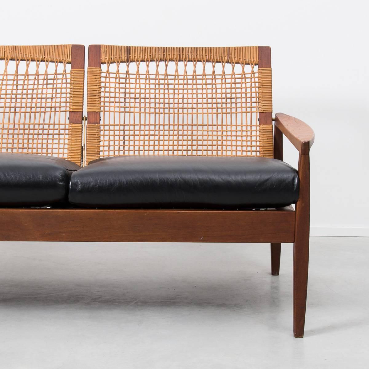 20th Century Hans Olsen Rattan-Backed Midcentury Danish Leather Sofa