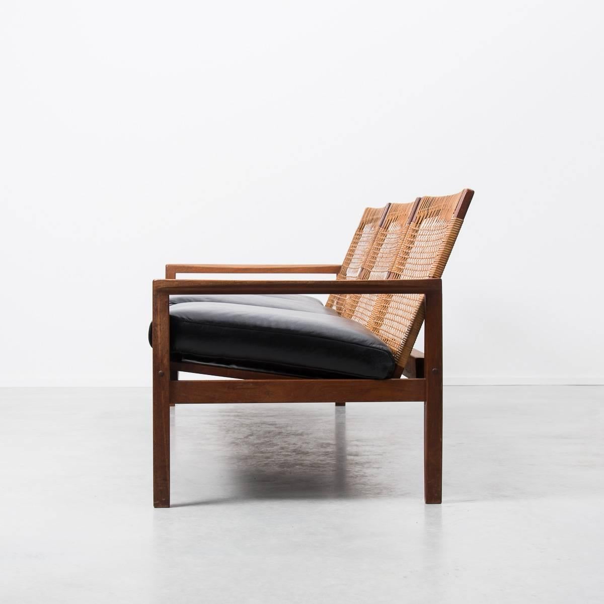 Mid-Century Modern Hans Olsen Rattan-Backed Midcentury Danish Leather Sofa
