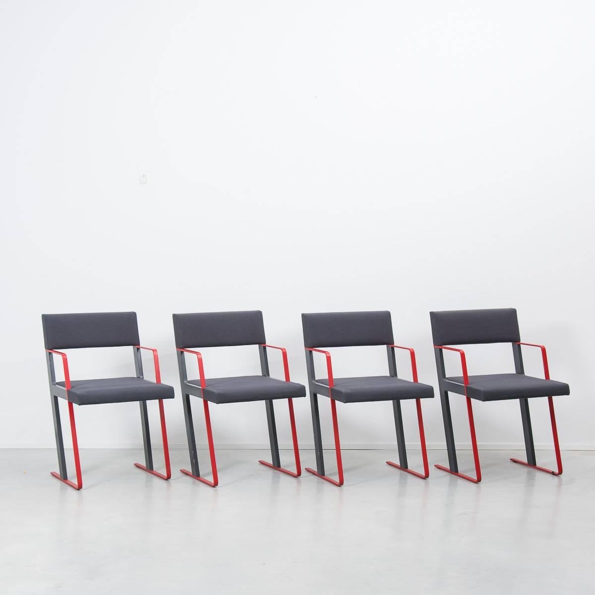 Minimalist Postmodern dining chairs four by Dick Spierenburg for Castelijn, manufactured in 1978. A statement slant. Made from a frame of wood and steel with a grey wool upholstery. Good original condition, only minimal age wear.

Dick