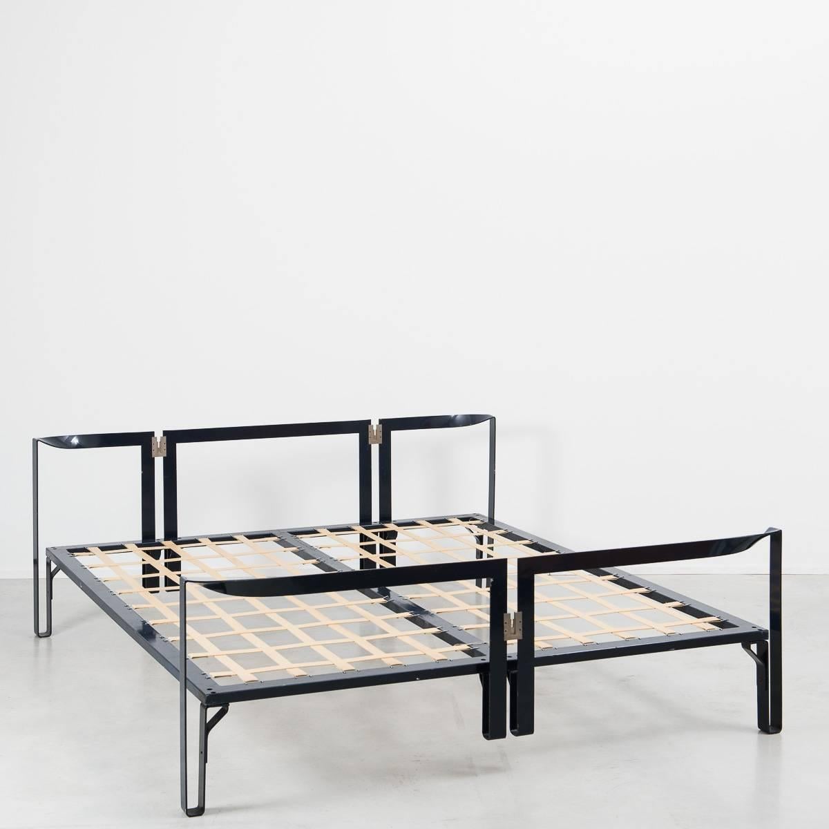 Tobia Scarpa ‘Vanessa’ metal bed frame, produced by Gavina, Italy 1959. In original dark blue paintwork, new springs to come. A pleasing antidote to the chunkiness of modern beds, dismantles for ease of transport. Fits a European double mattress.