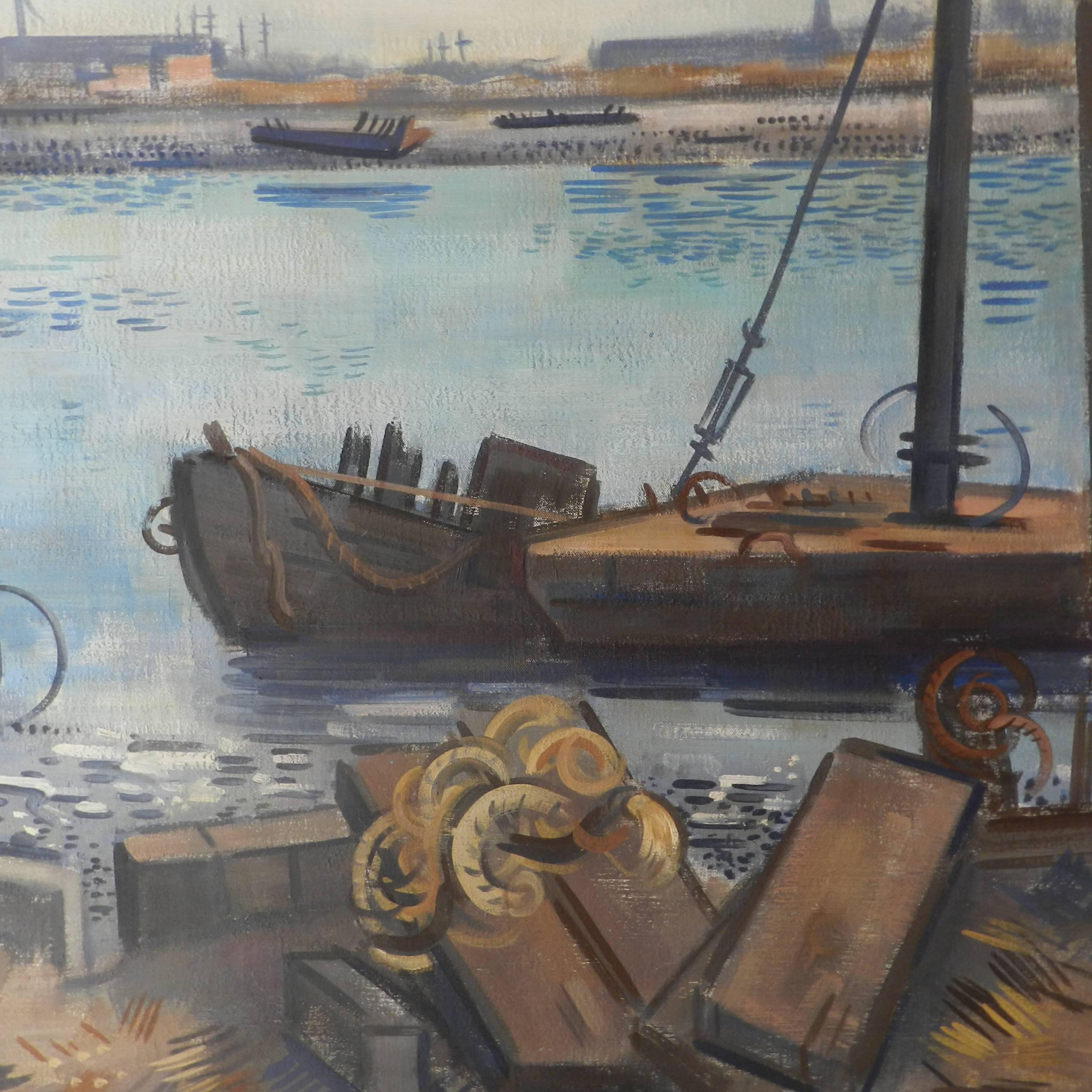 This nice harbor boat scene oil on canvas painting is by Earle Loran, 1905-1999. Earle Loran was active in California, New York and France. Earle Loran is known for modernist urban-coast views and geometric painting.