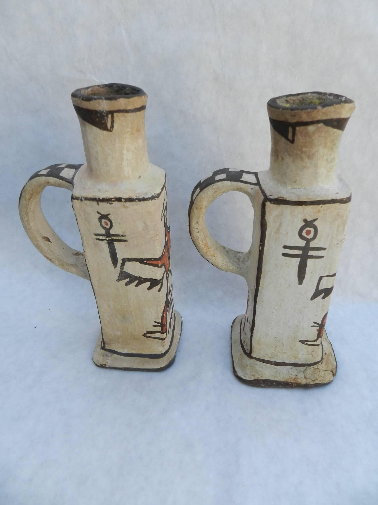 Native American Pair of Rare Antique Zuni Pueblo Pottery Candleholders or Candlesticks