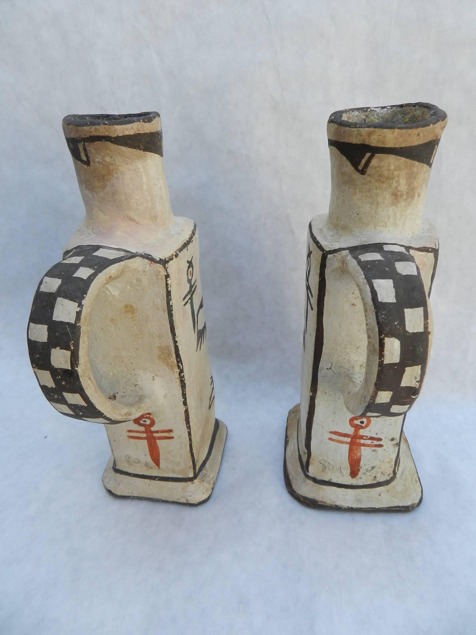 American Pair of Rare Antique Zuni Pueblo Pottery Candleholders or Candlesticks
