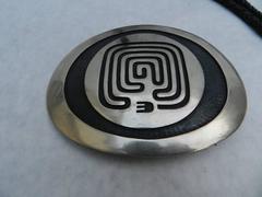 Three-Piece Hopi Silver Overlay Set by Bernard Dawahoya, Hand in the Maze
