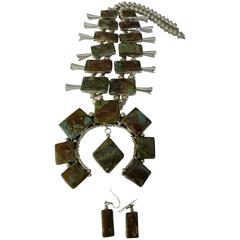Pretty Melvin Thompson, Navajo Manassar Silver and Turquoise Squash Necklace Pretty Melvin Thompson, Navajo Manassar Silver and Turquoise Squash Necklace
