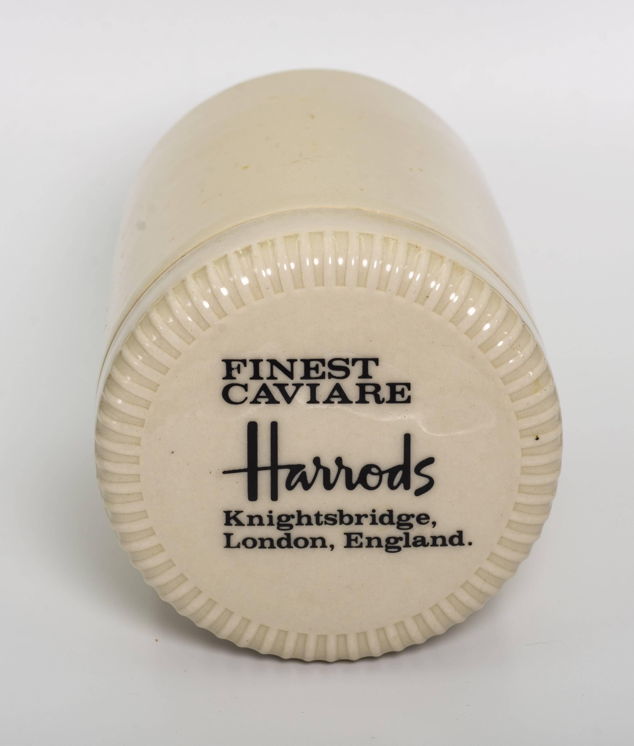 A Harrods Knightsbridge London hand-painted ironstone jar for one pound or 450 grams of Beluga Caviar ordered Christmas, 1978.

James Bond bought his caviar at Harrods, Fortnum & Mason and when dining in public at Maison Prunier
