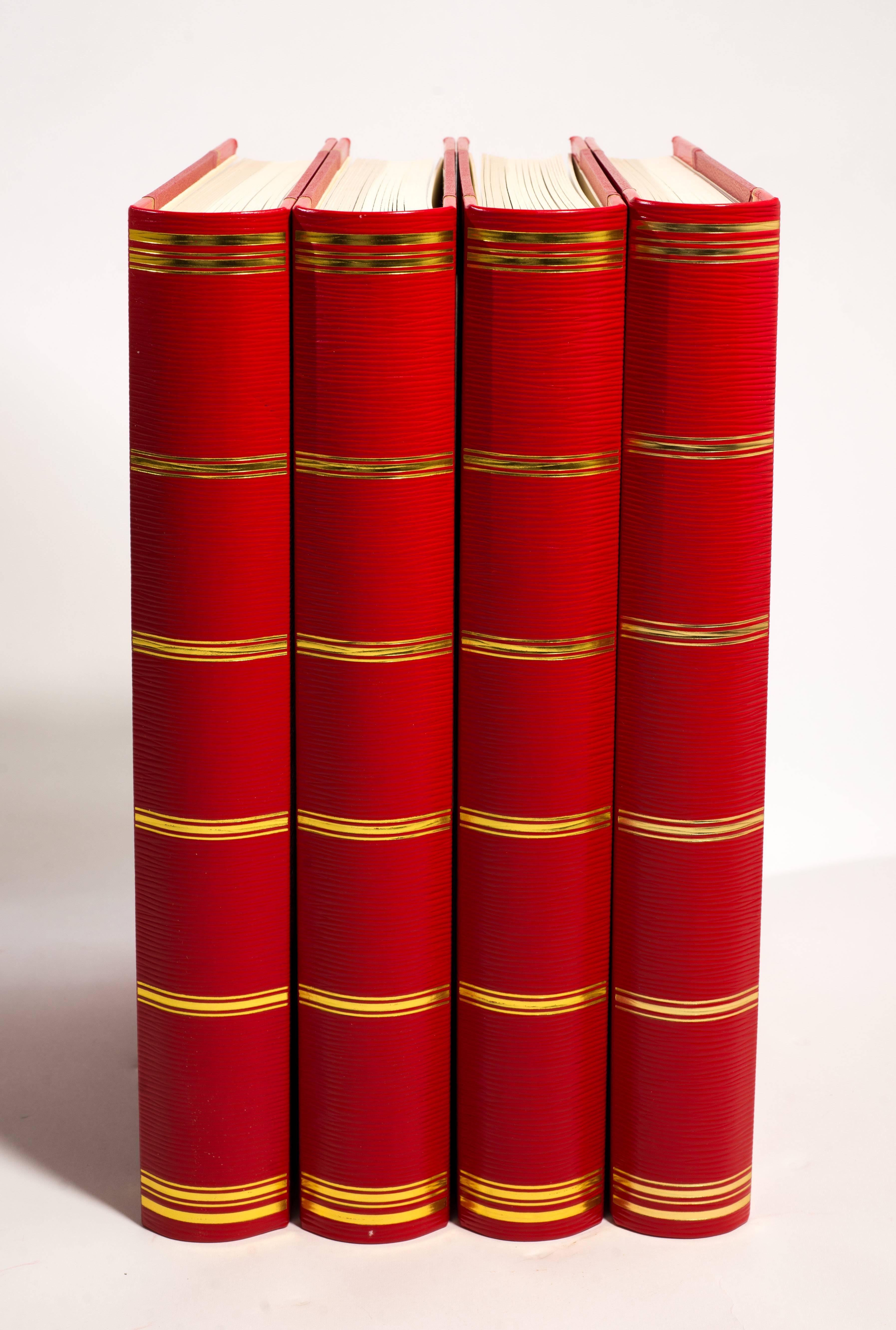 Smythson of Bond Street London mint unused four full scarlet leather bound large photograph albums in original Smythson boxes ordered in 1999. This horizontal full leather covered size is no longer available. These magnificent albums have never been