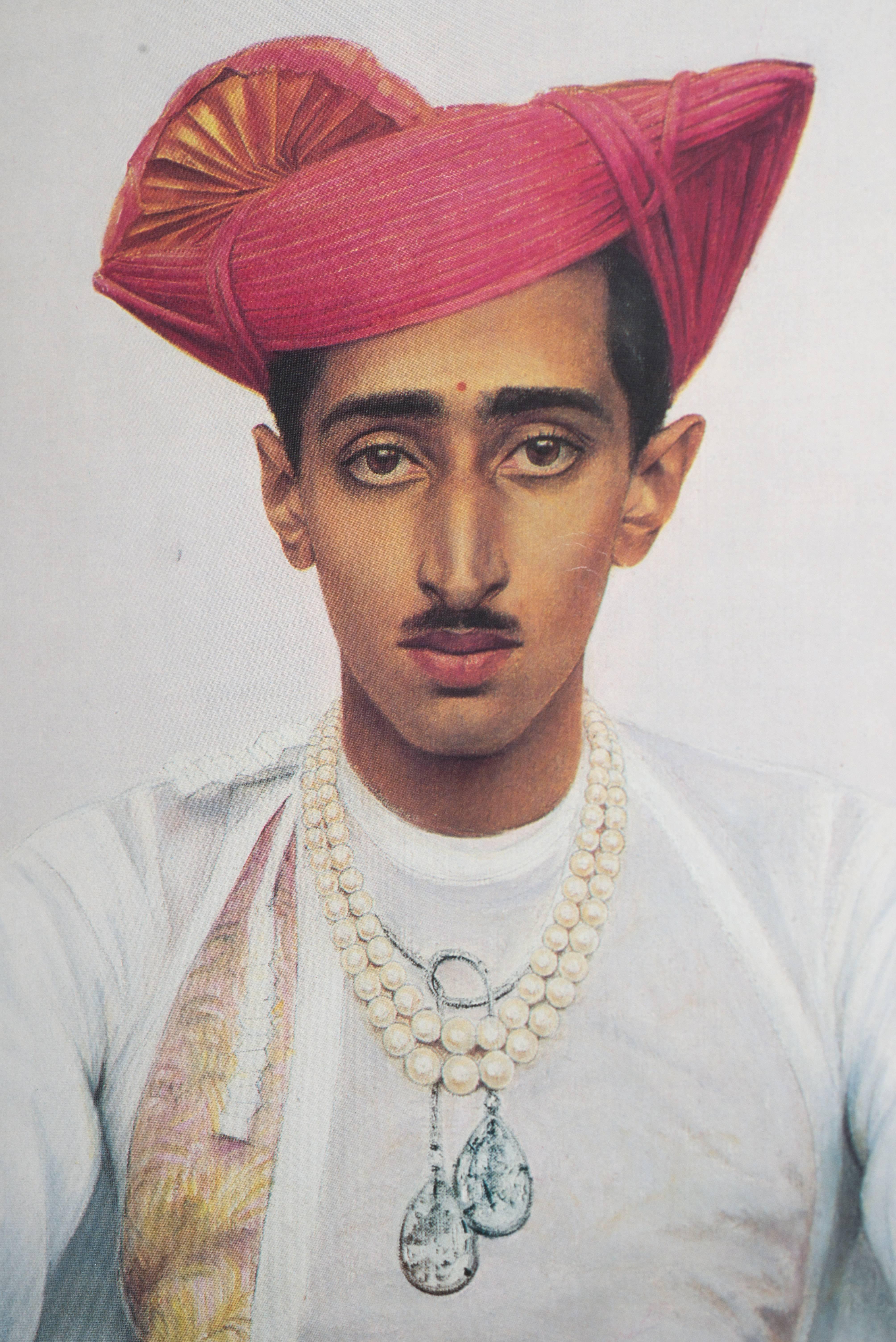 Metropolitan Museum Costume Institute poster costumes of Royal India Exhibition, 1985, Maharajah of Indore by Boutet de Monvel painted, 1934.
The poster shows His Highness Yeshwant Rao Holkar Bahadur Maharaja of Indore wearing Maratha dress and the