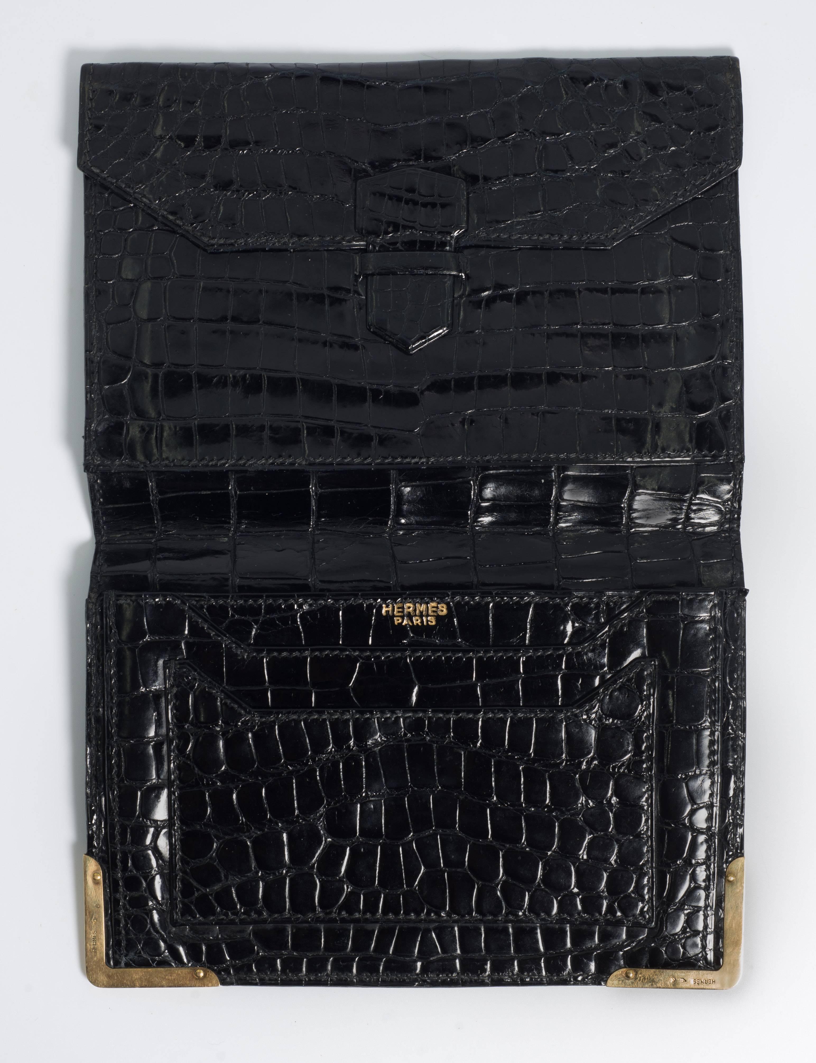 Other Superb Hermes Paris 1960s Gentlemans Black Crocodile Gold Cornered Wallet