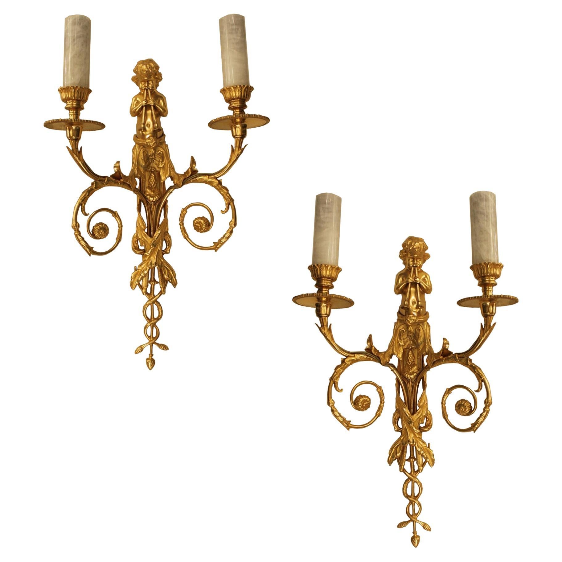Set of rock crystal French Gilt Bronze Two arm Cherub Wall Sconces For Sale