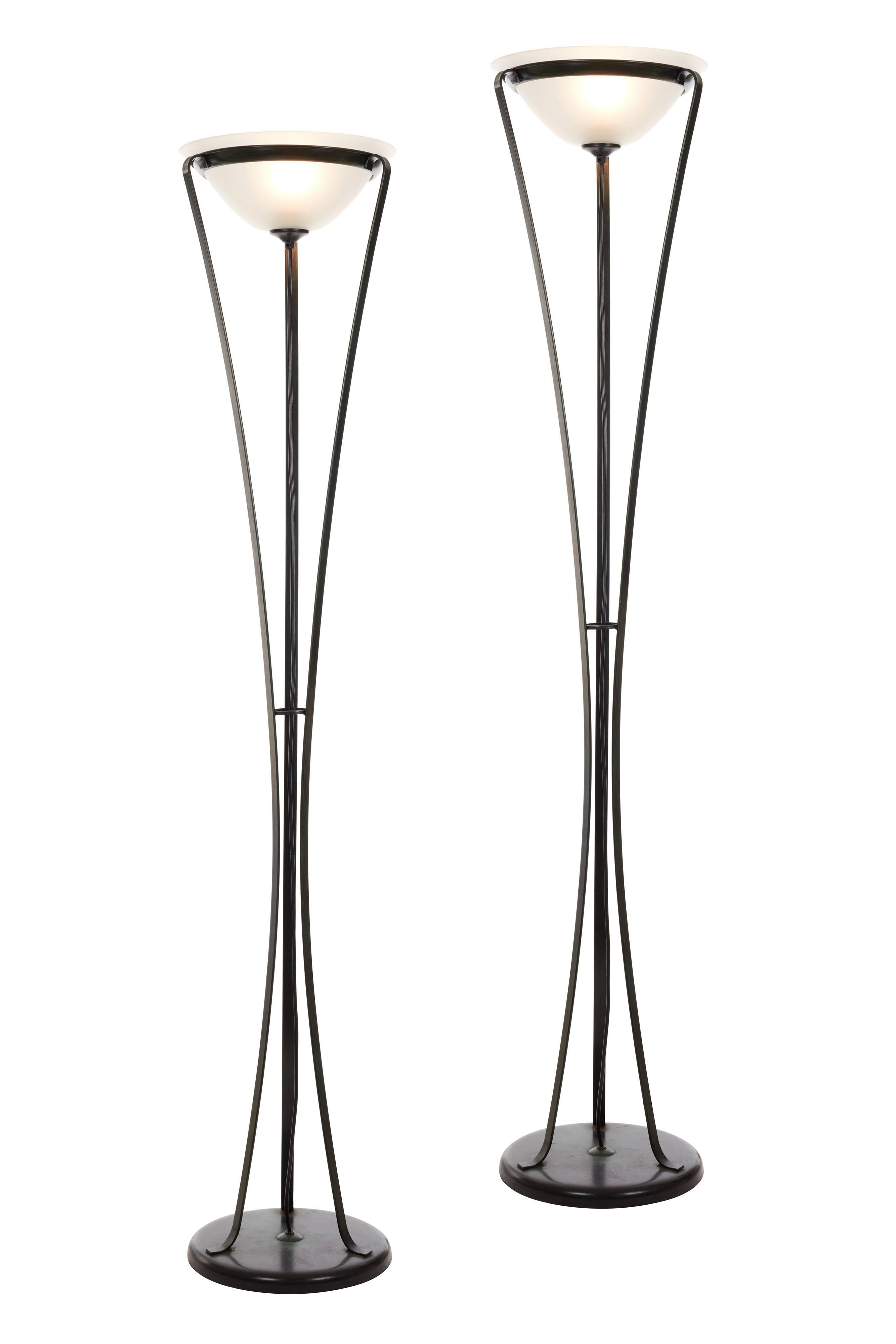 Pair of Elegant 1970s Floor Standing Uplighters in Metal and Glass 1