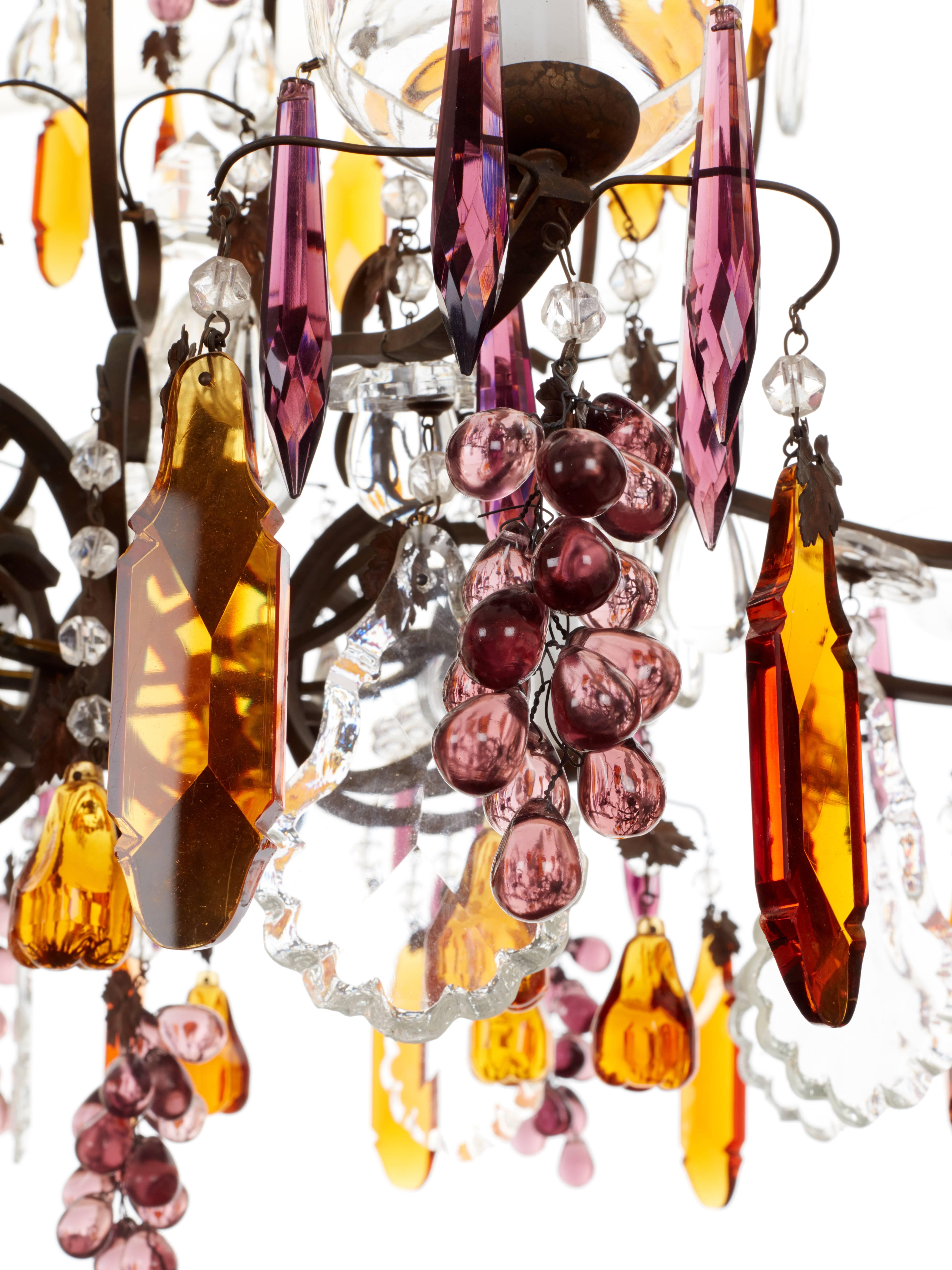 Early 20th Century French Chandelier with Purple Icicles & Amber Plaques, circa 1900